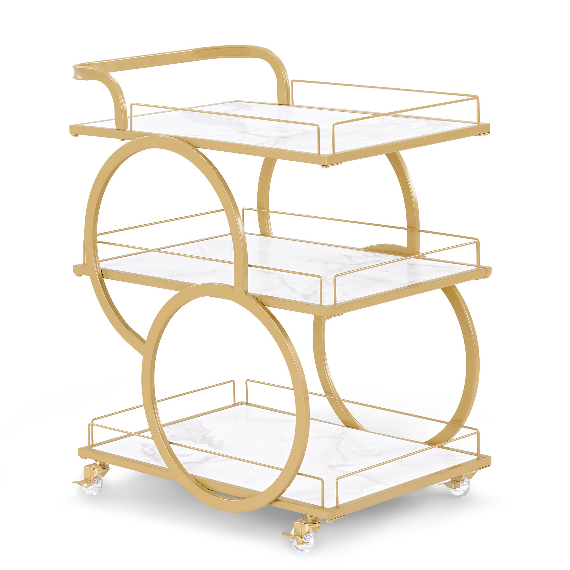 M MCombo Serving Cart with Wheels, Kitchen Cart Bar Cart Metal Frame White-Gold, Modern Rolling Cart Multi-Purpose Cart with 3 Levels, for Kitchen, Bathroom, Living Room, Studio, 65x43x70, 0074