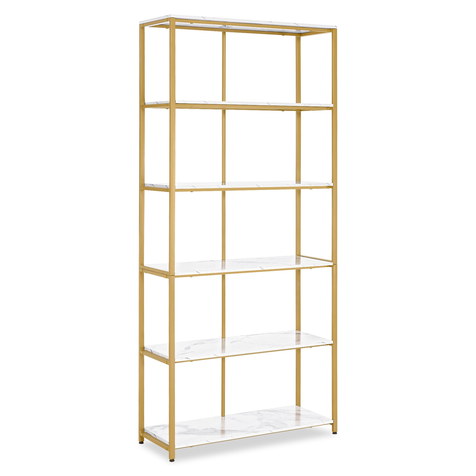 MCombo Bücherregal Gold, Standregal mit 5 Ebenen, Büroregal mit Metallrahmen, Regal für Büro, Wohnzimmer, Schlafzimmer, Küche, Nagelstudio, Marmor-Weiß, 30x80x180cm, 5166