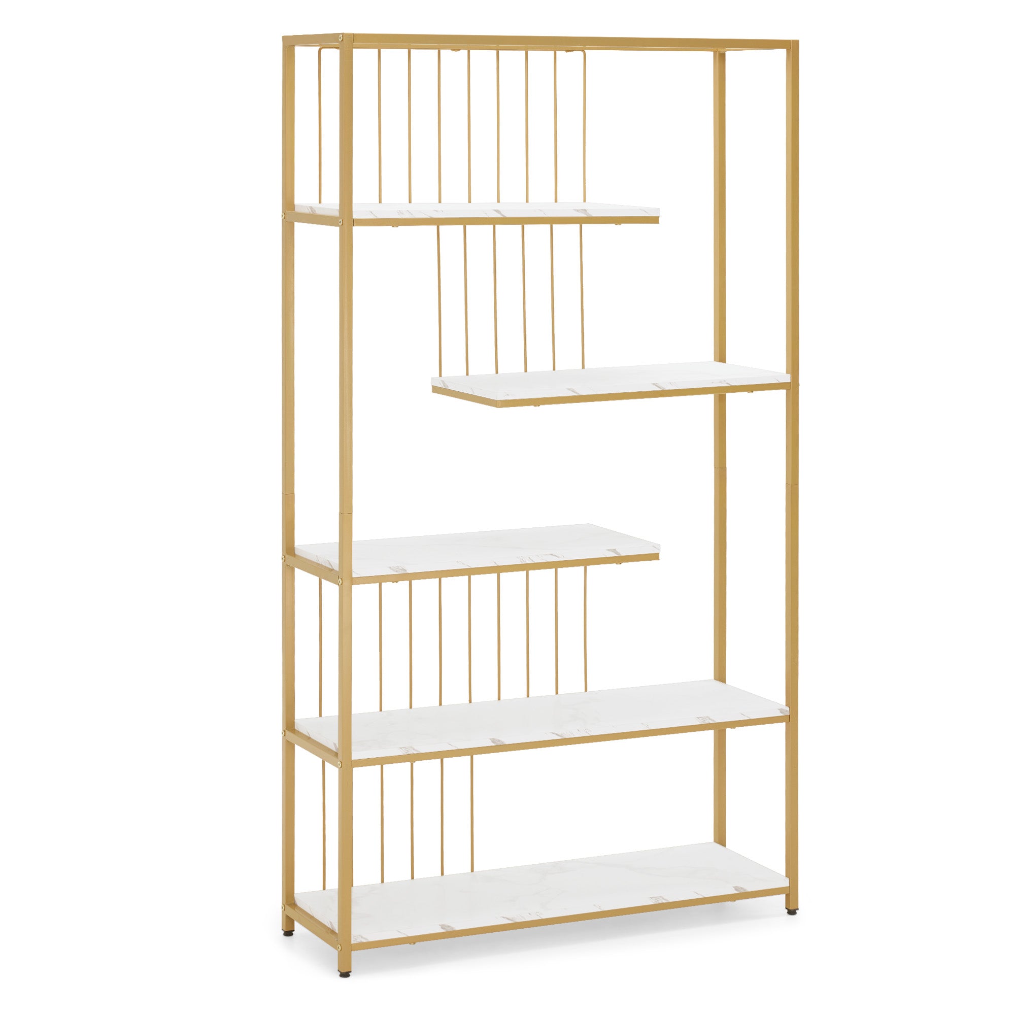 MCombo Bookcase, 5-Tier Standing Shelf, Office Shelf with Metal Frame, Shelf for Office, Living Room, Bedroom, Kitchen, Nail Salon, Marble White Gold, 30x100x180cm, 5177