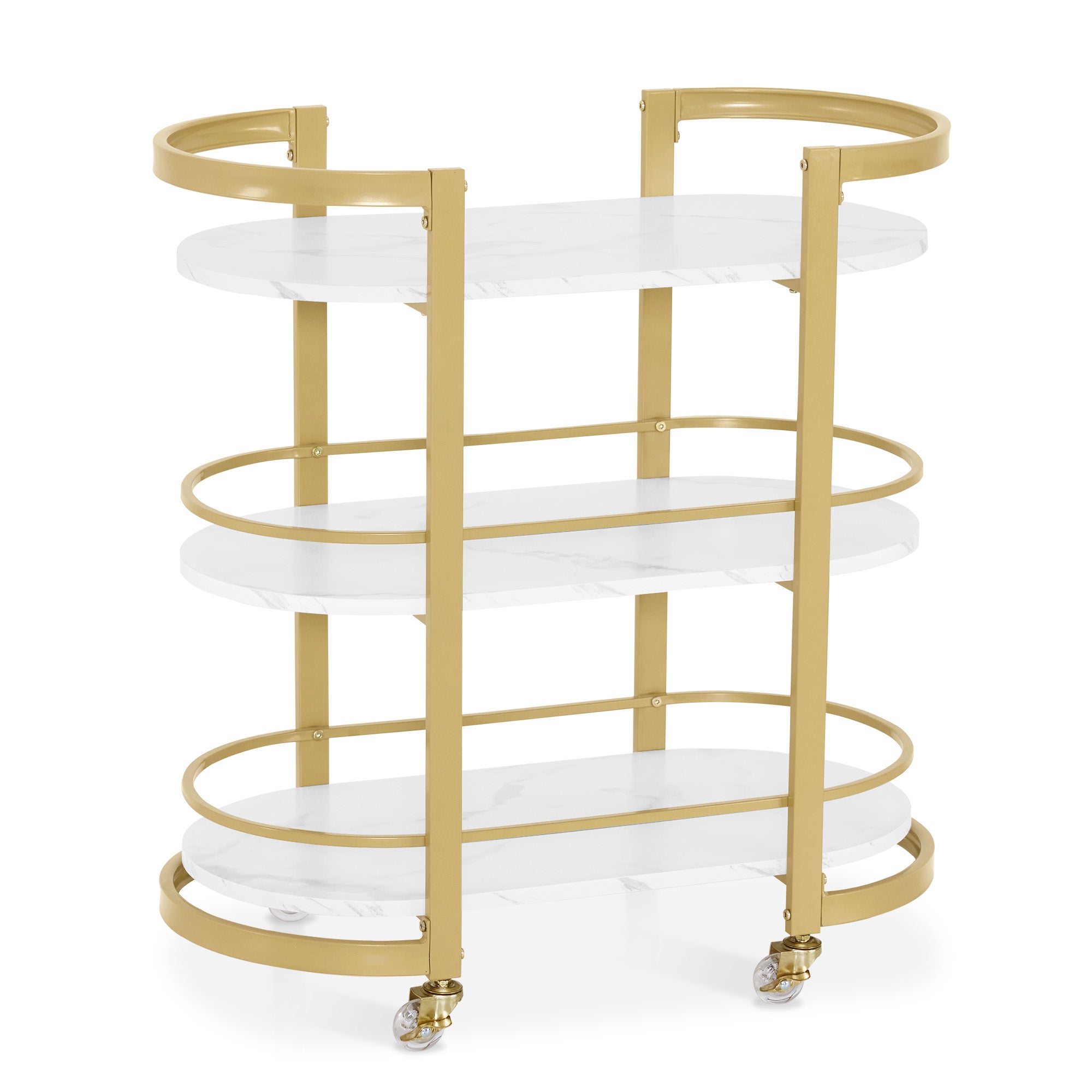 M MCombo Serving Cart with Wheels, Kitchen Cart Bar Cart Metal Frame White-Gold, Modern Rolling Cart Multi-Purpose Cart with 3 Levels, for Kitchen Bathroom Living Room Office, 40x75.5x80, 0034