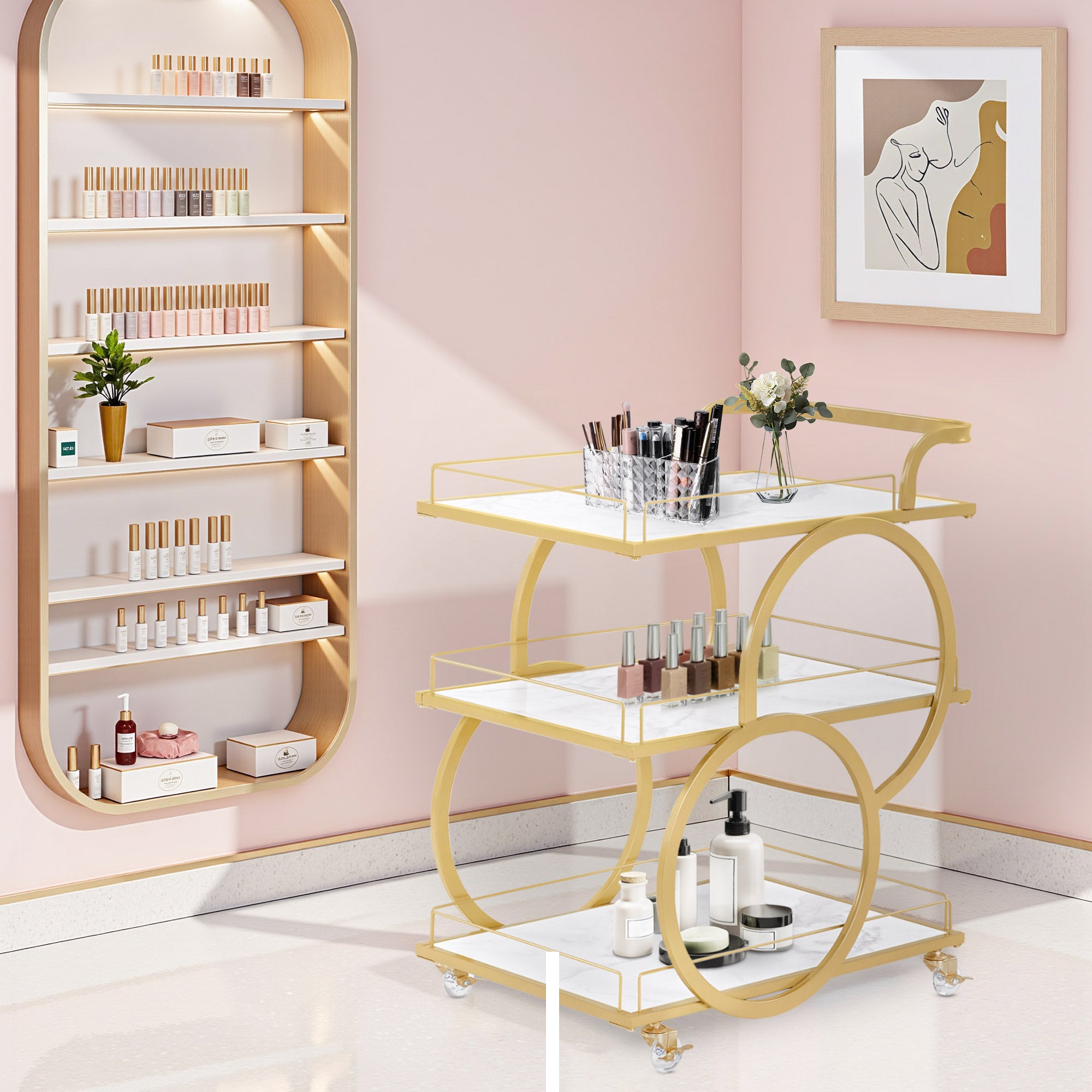 M MCombo Serving Cart with Wheels, Kitchen Cart Bar Cart Metal Frame White-Gold, Modern Rolling Cart Multi-Purpose Cart with 3 Levels, for Kitchen, Bathroom, Living Room, Studio, 65x43x70, 0074