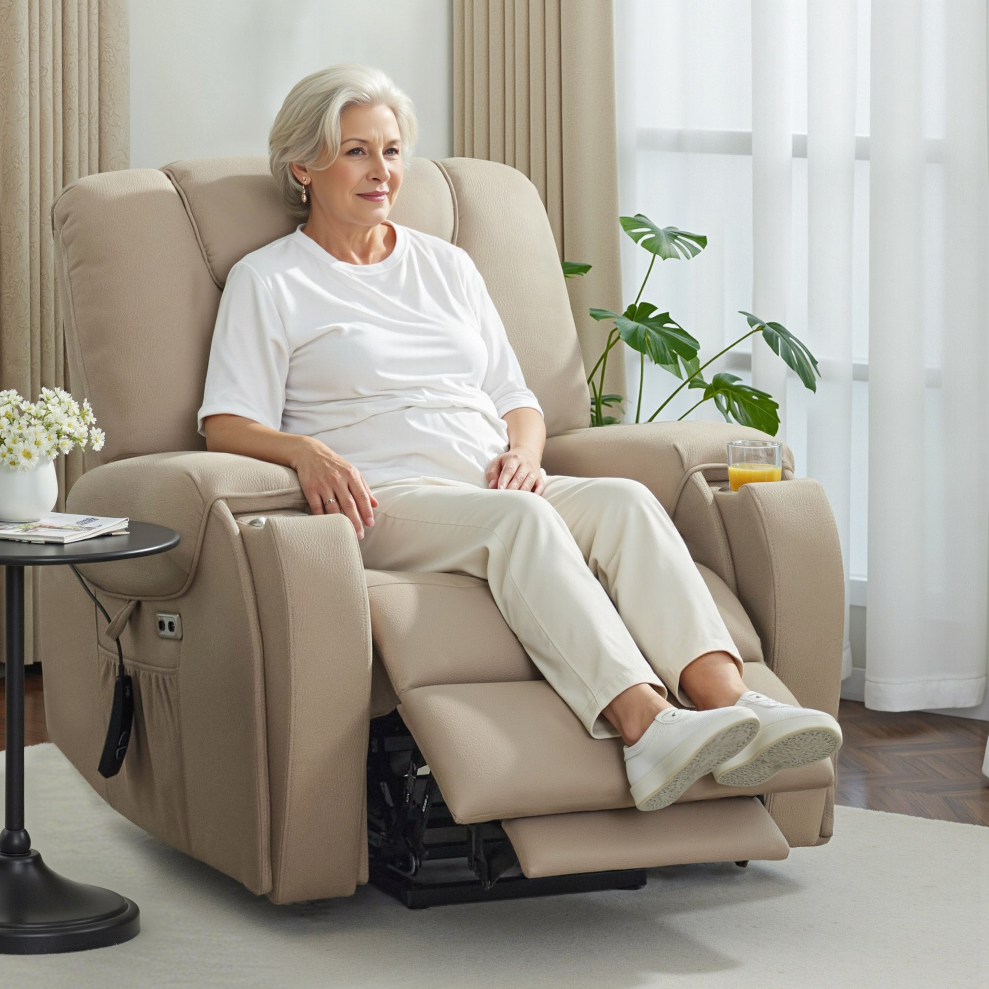 M MCombo Fernsehsessel mit Aufstehhilfe Elektrisch, mit Massage & Heizung, Relaxsessel mit Liegefunktion bis 145° 35D Vollschaum-Sitzkissen Versteckte Becherhalter 7252