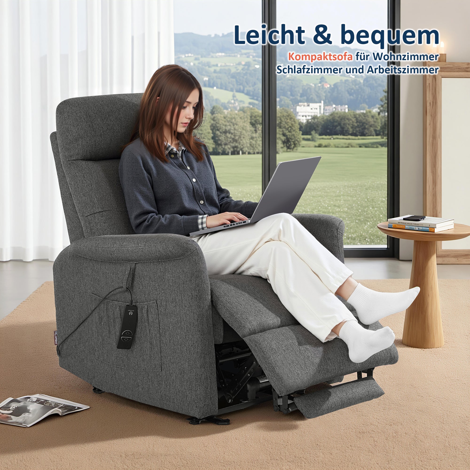 M MCombo TV Chair Electrically Adjustable, Relaxing Chair with Reclining Function, Recliner Chair, Side Pocket & Straps, Living Room Chair, 7089 (Gray)