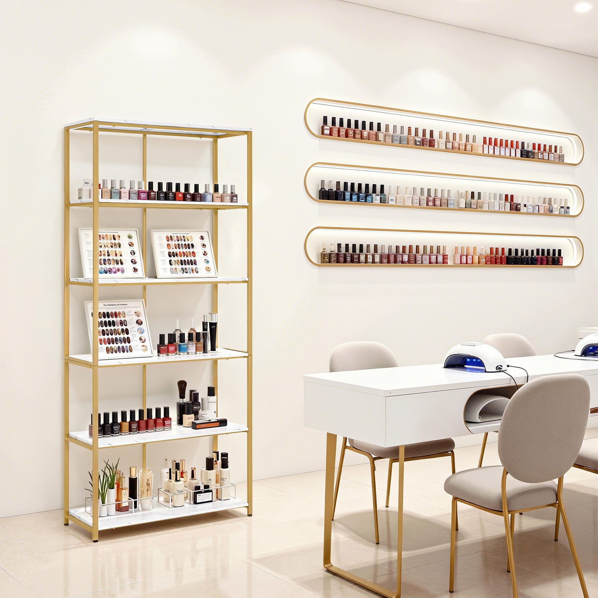 MCombo Bücherregal Gold, Standregal mit 5 Ebenen, Büroregal mit Metallrahmen, Regal für Büro, Wohnzimmer, Schlafzimmer, Küche, Nagelstudio, Marmor-Weiß, 30x80x180cm, 5166