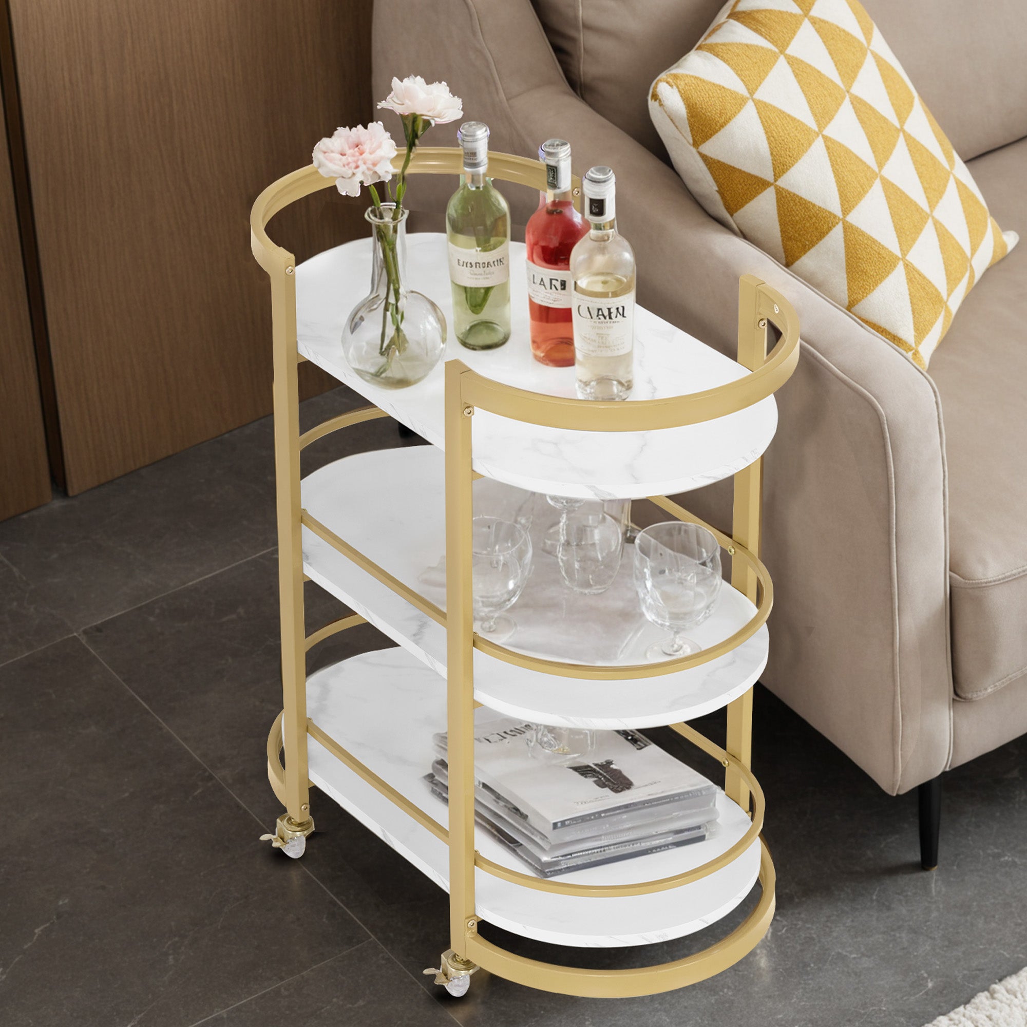 M MCombo Serving Cart with Wheels, Kitchen Cart Bar Cart Metal Frame White-Gold, Modern Rolling Cart Multi-Purpose Cart with 3 Levels, for Kitchen Bathroom Living Room Office, 40x75.5x80, 0034