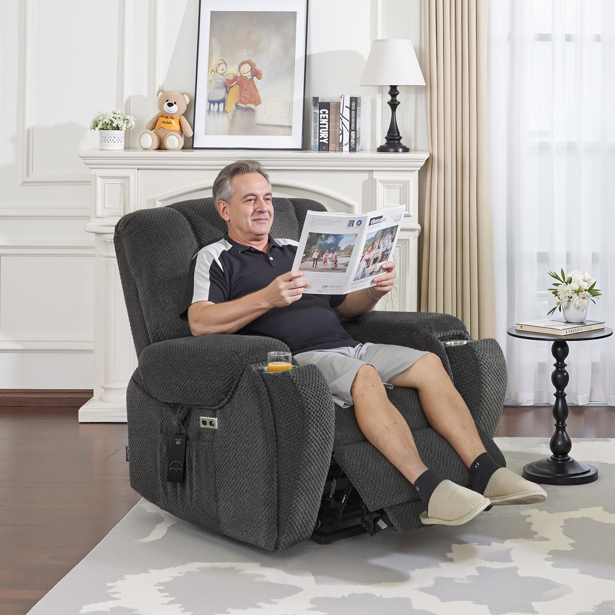 M MCombo Fernsehsessel mit Aufstehhilfe Elektrisch, mit Massage & Heizung, Relaxsessel mit Liegefunktion bis 145° 35D Vollschaum-Sitzkissen Versteckte Becherhalter 7252