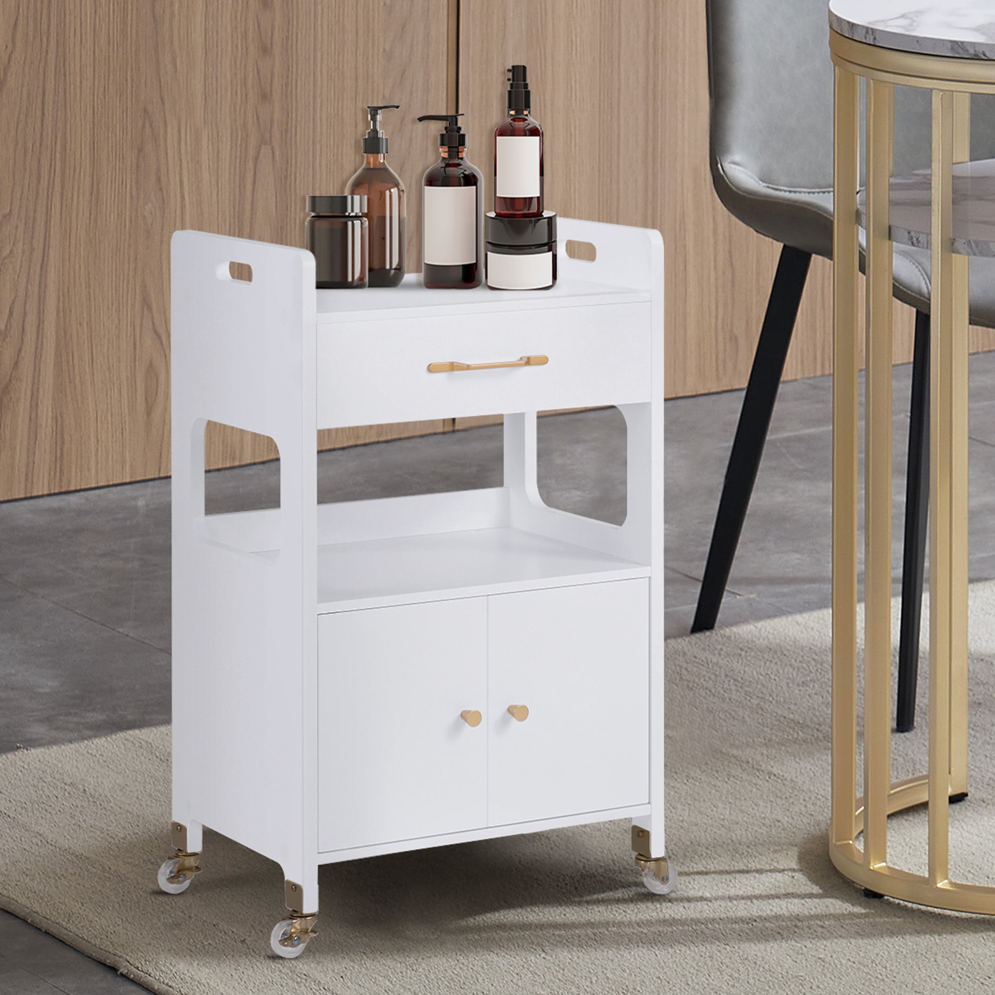 M MCombo Serving Cart with Wheels & Drawers, Hairdressing Trolley White, Salon Trolley with 2 Shelves, Modern Work Cart for Bathroom Living Room, 35x48x80.5cm, 0055