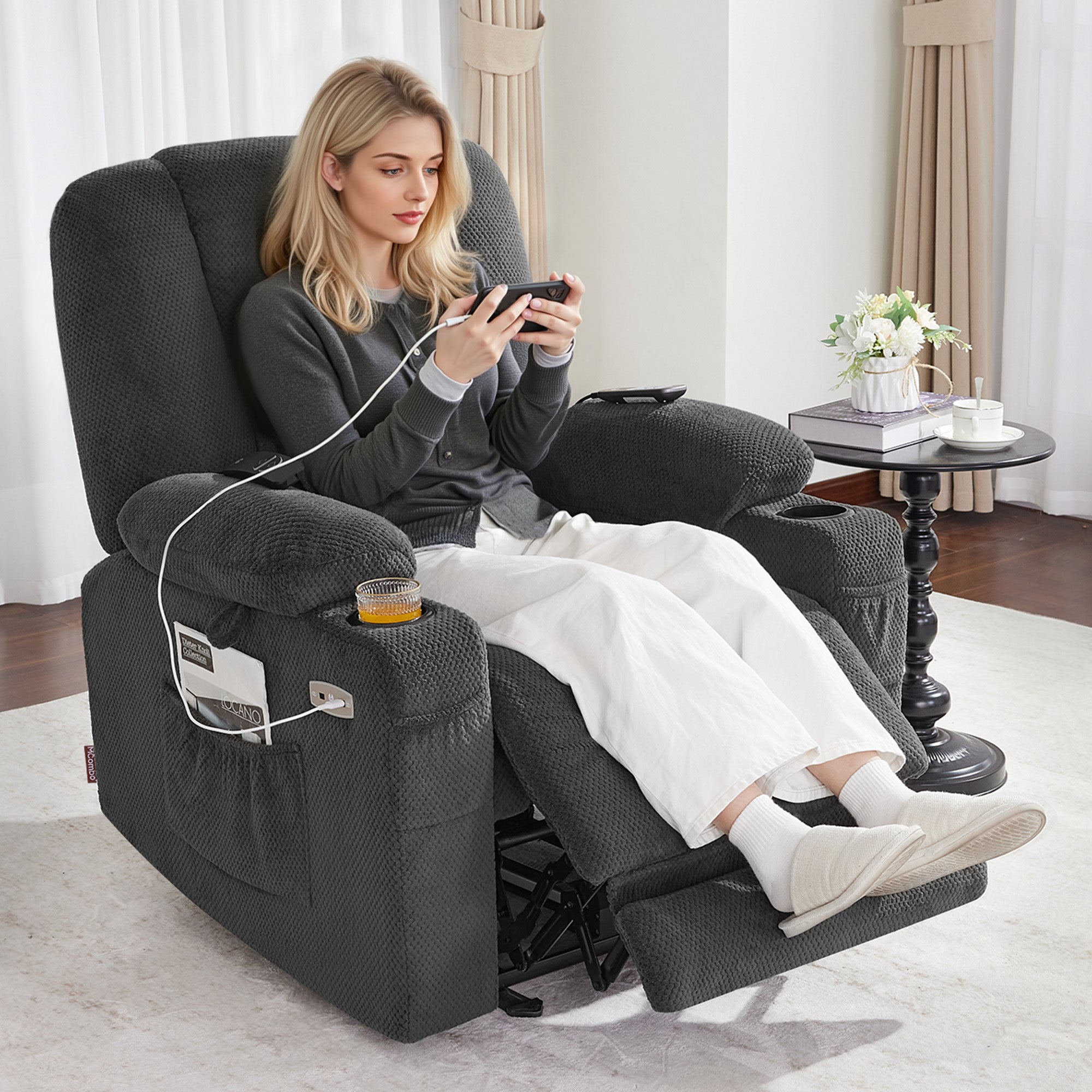 M MCombo TV armchair electrically adjustable 7008, relaxation armchair with reclining function, TV armchair with massage & heat function, USB & cup holder, living room