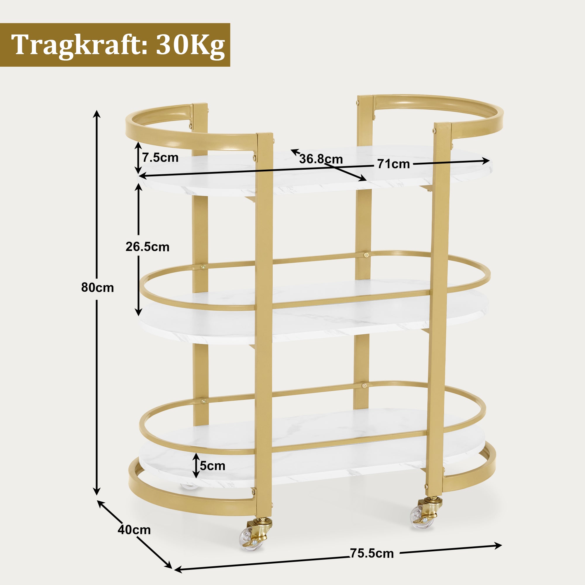M MCombo Serving Cart with Wheels, Kitchen Cart Bar Cart Metal Frame White-Gold, Modern Rolling Cart Multi-Purpose Cart with 3 Levels, for Kitchen Bathroom Living Room Office, 40x75.5x80, 0034