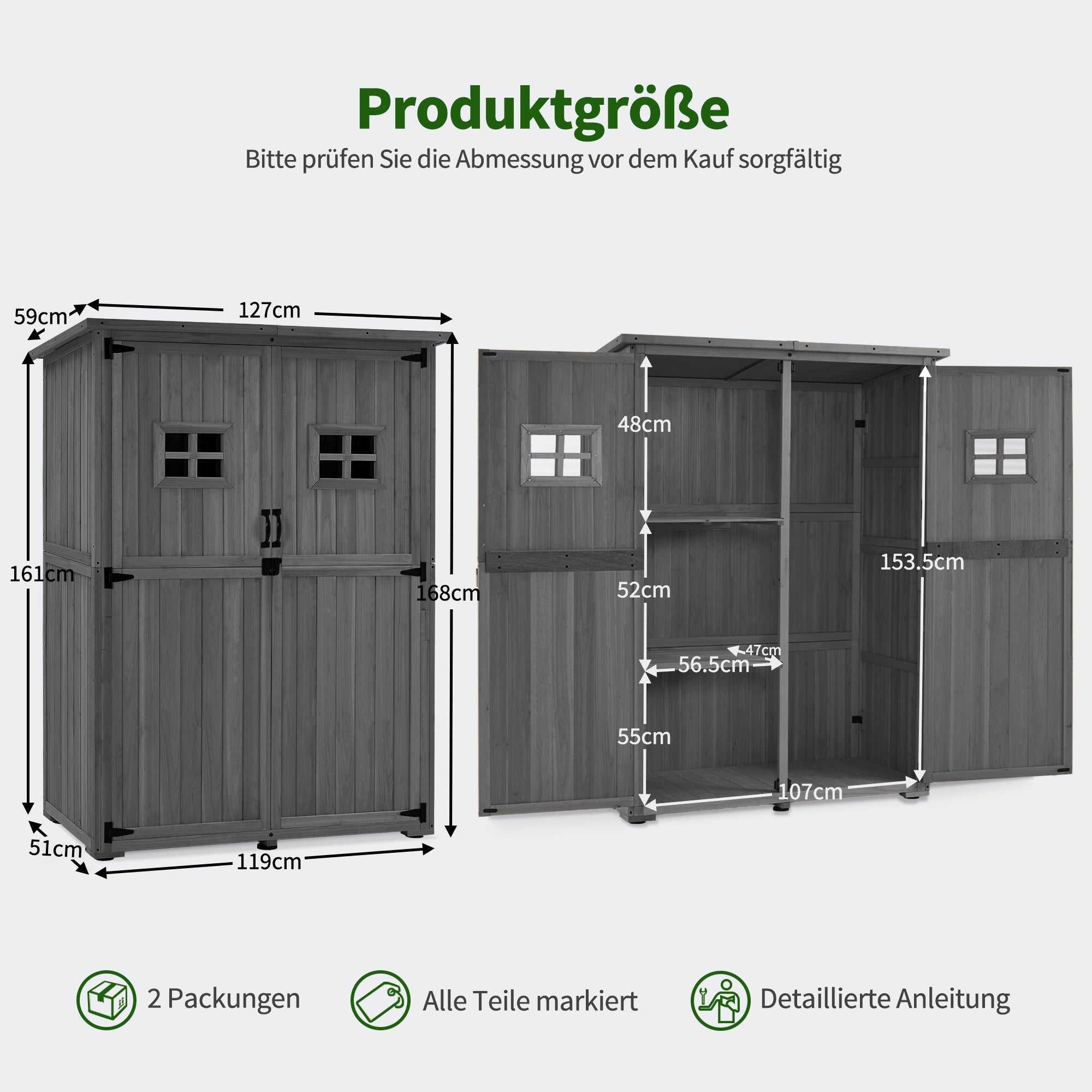 M MCombo Gartenschrank Holz, Gartenhaus Klein Wetterfest, Outdoor Gerätehaus Geräteschuppen, für Außenbereich Balkon Terrasse, 127×59×168 cm, 0912