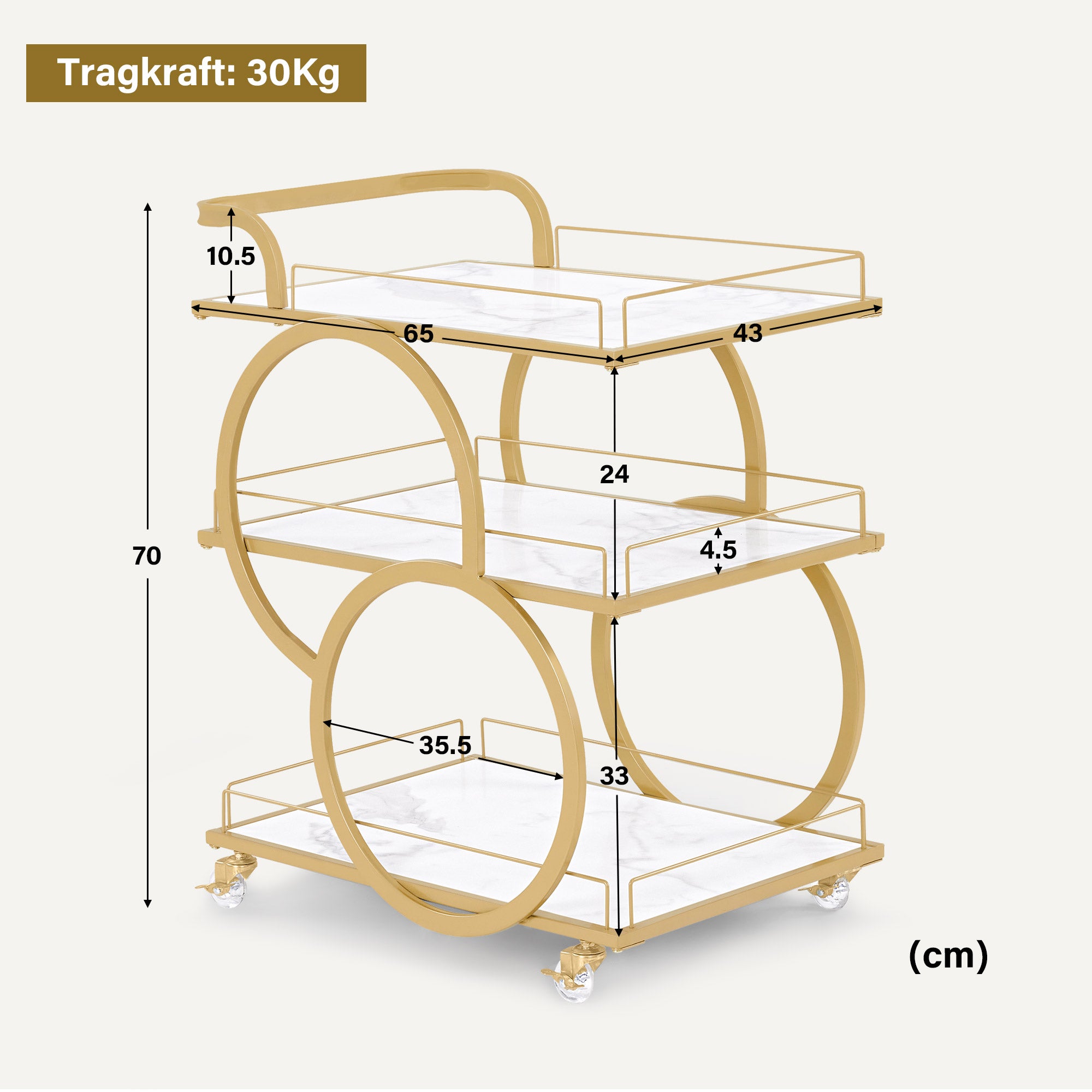 M MCombo Serving Cart with Wheels, Kitchen Cart Bar Cart Metal Frame White-Gold, Modern Rolling Cart Multi-Purpose Cart with 3 Levels, for Kitchen, Bathroom, Living Room, Studio, 65x43x70, 0074