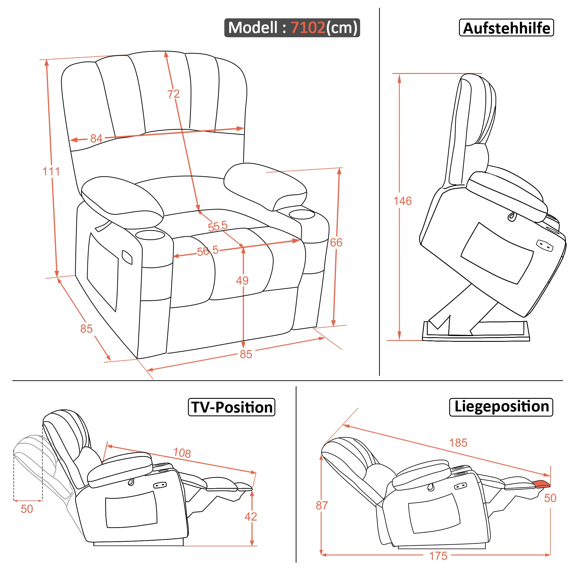 M MCombo Relaxsessel mit Aufstehhilfe & Liegefunktion 7102, Fernsehsessel elektrisch verstellbar, TV Sessel mit Massage Wärmefunktion, für Senioren Wohnzimmer, USB