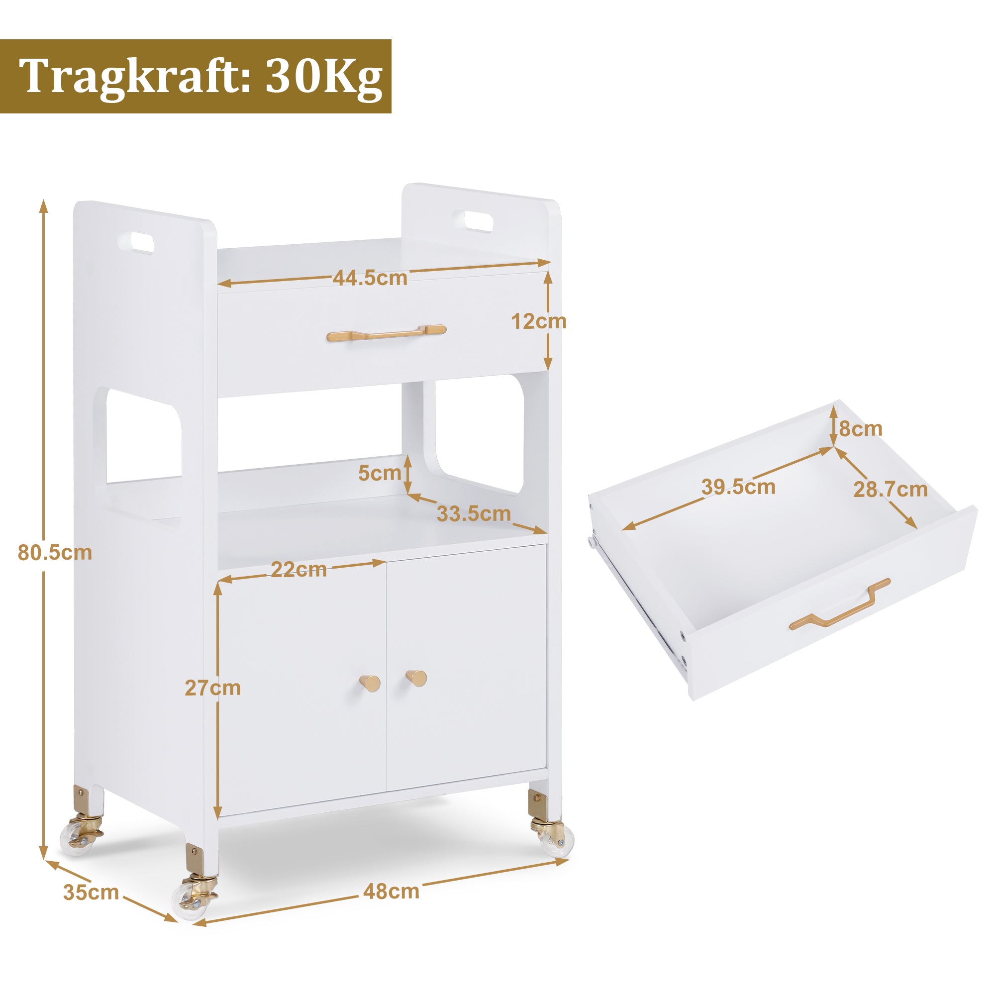 M MCombo Serving Cart with Wheels & Drawers, Hairdressing Trolley White, Salon Trolley with 2 Shelves, Modern Work Cart for Bathroom Living Room, 35x48x80.5cm, 0055