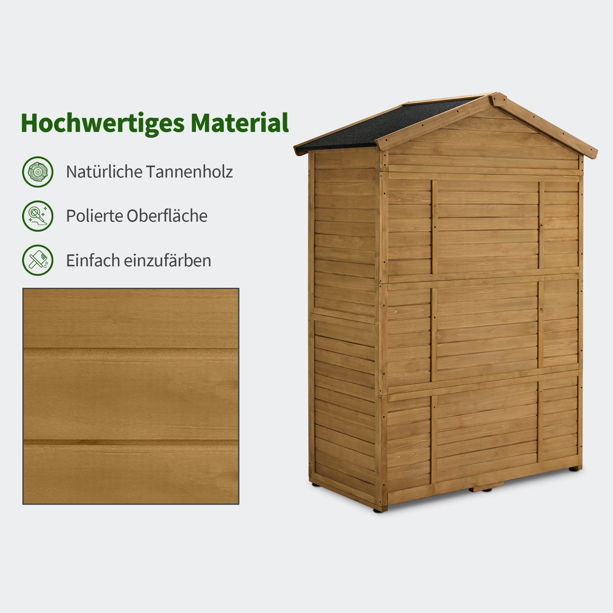 M MCombo Gartenschrank Gartenhaus Holz Wetterfest, Geräteschrank Holzschrank Outdoor Wasserdicht Begehbar, für Außenbereich Balkon Terrasse, Gerätehaus mit 6 feste Regale 74×143×200 cm, 1743 (Natur)