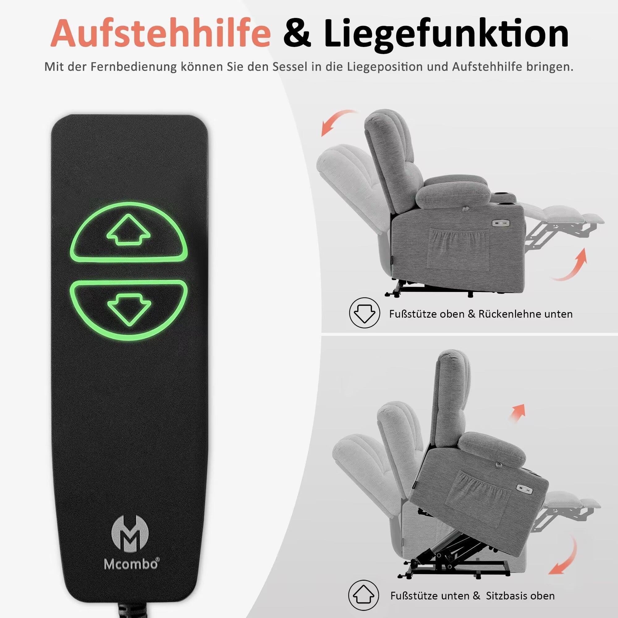 M MCombo Relaxsessel mit Aufstehhilfe & Liegefunktion 7102, Fernsehsessel elektrisch verstellbar, TV Sessel mit Massage Wärmefunktion, für Senioren Wohnzimmer, USB