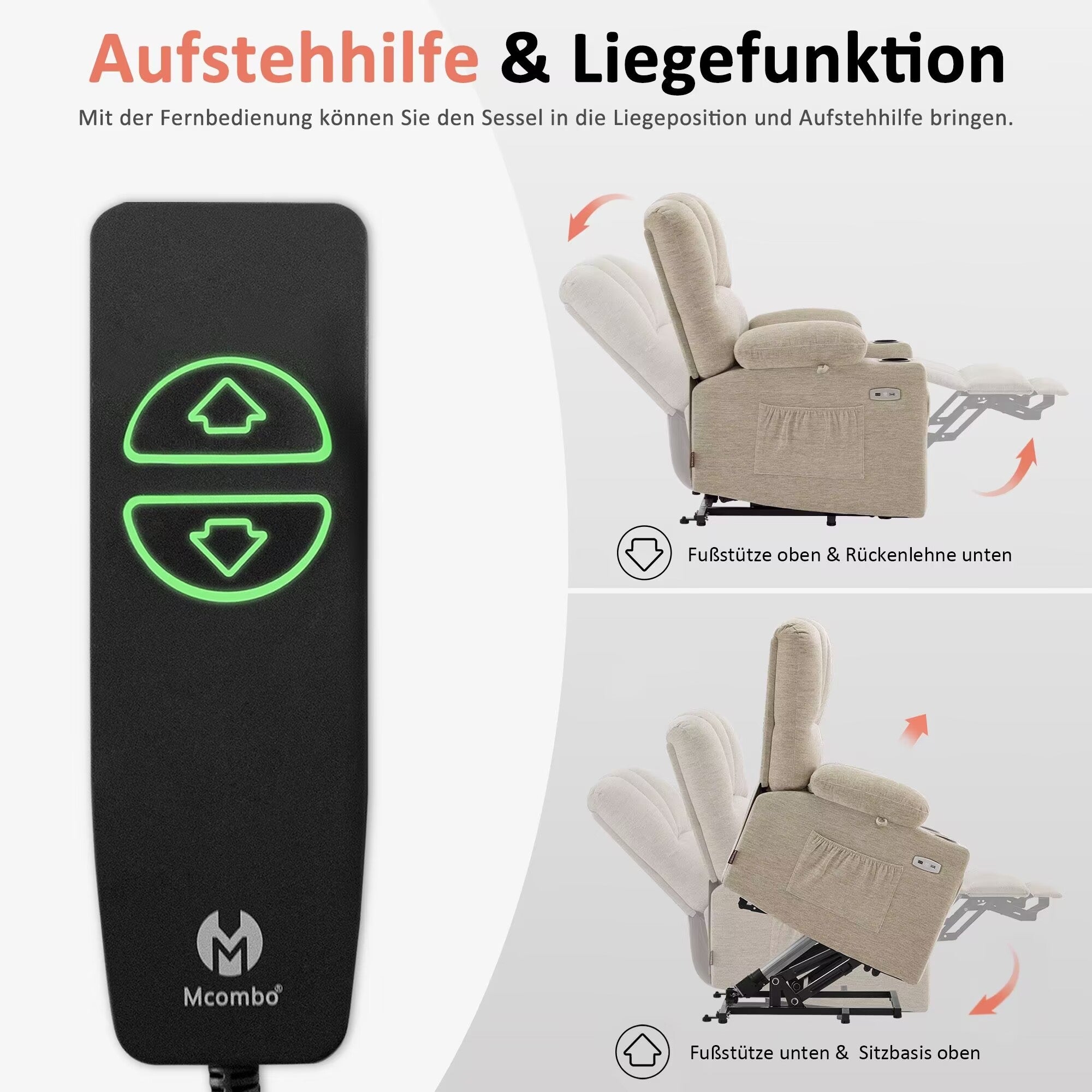M MCombo Relaxsessel mit Aufstehhilfe & Liegefunktion 7102, Fernsehsessel elektrisch verstellbar, TV Sessel mit Massage Wärmefunktion, für Senioren Wohnzimmer, USB