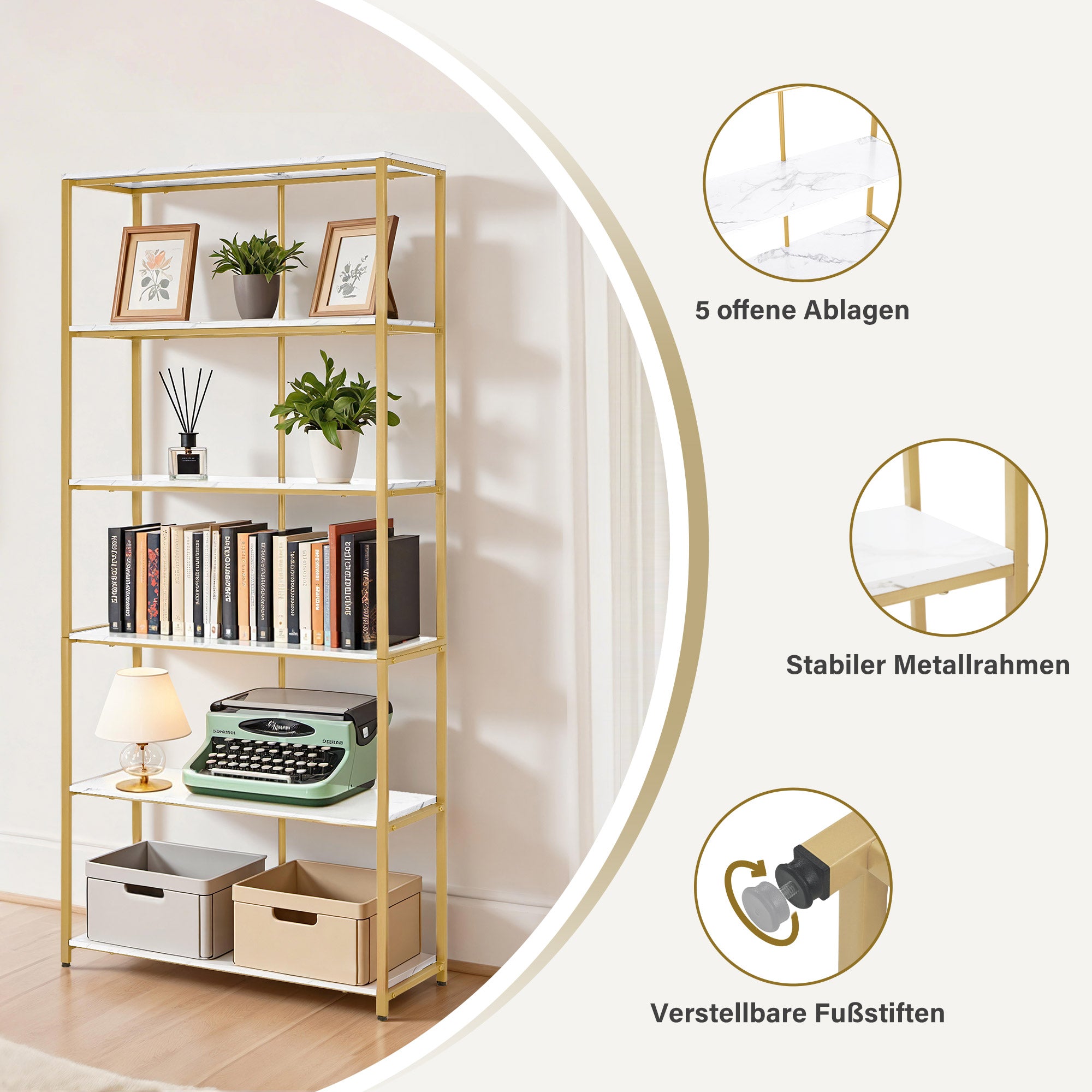 MCombo Bücherregal Gold, Standregal mit 5 Ebenen, Büroregal mit Metallrahmen, Regal für Büro, Wohnzimmer, Schlafzimmer, Küche, Nagelstudio, Marmor-Weiß, 30x80x180cm, 5166