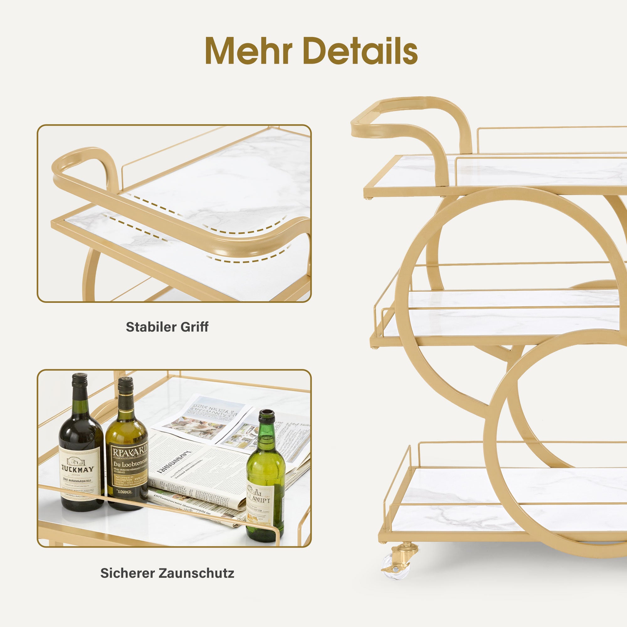 M MCombo Serving Cart with Wheels, Kitchen Cart Bar Cart Metal Frame White-Gold, Modern Rolling Cart Multi-Purpose Cart with 3 Levels, for Kitchen, Bathroom, Living Room, Studio, 65x43x70, 0074