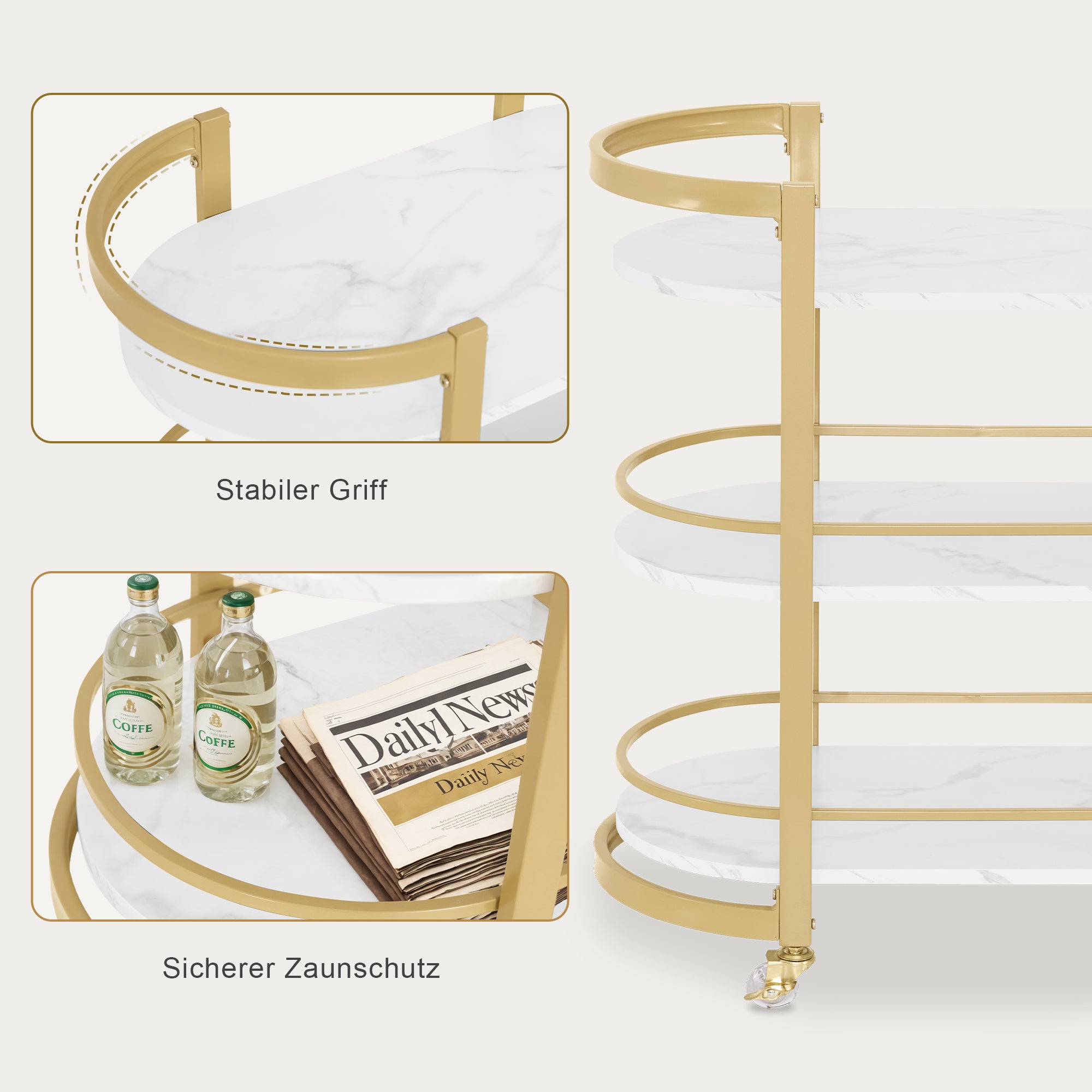 M MCombo Serving Cart with Wheels, Kitchen Cart Bar Cart Metal Frame White-Gold, Modern Rolling Cart Multi-Purpose Cart with 3 Levels, for Kitchen Bathroom Living Room Office, 40x75.5x80, 0034