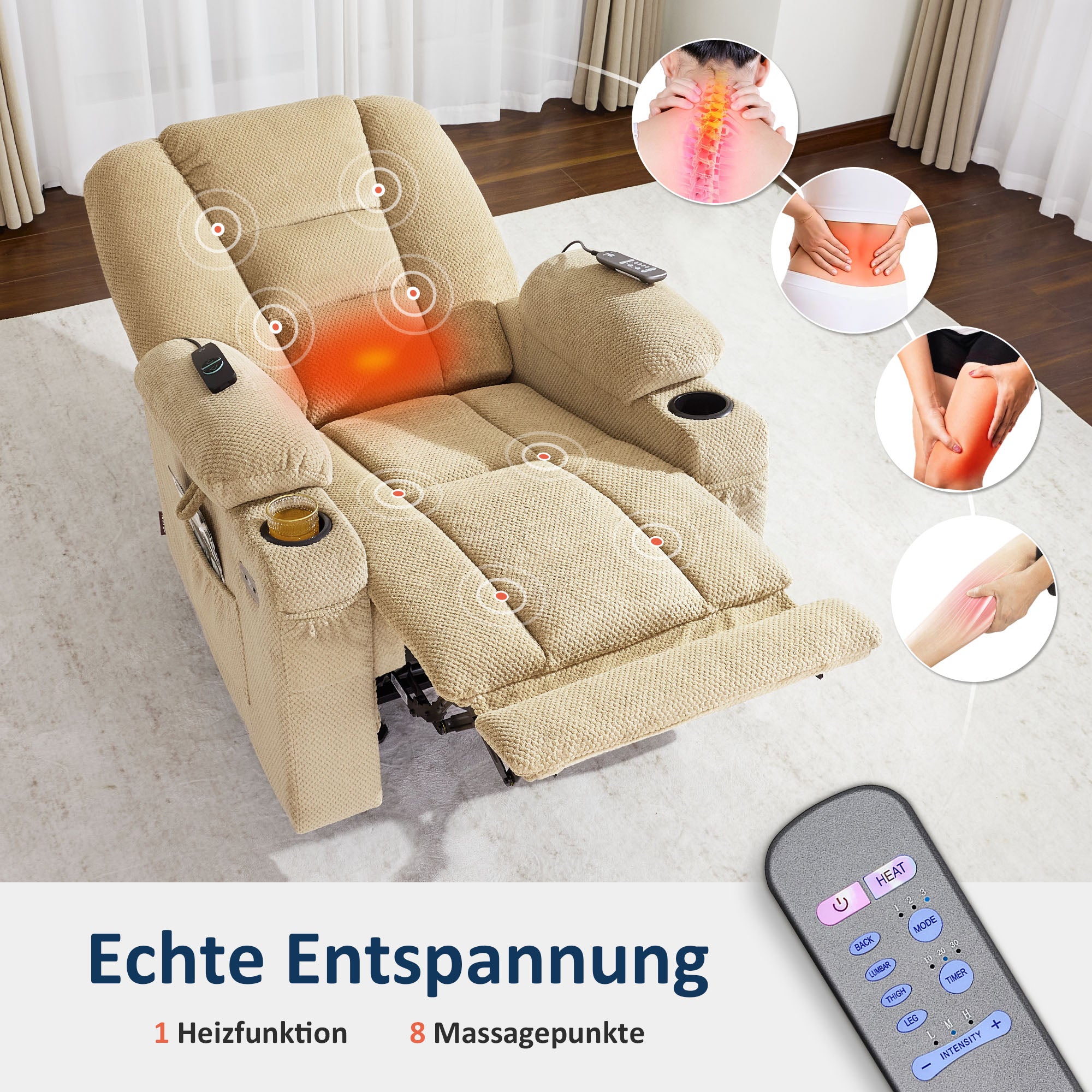 M MCombo TV armchair electrically adjustable 7008, relaxation armchair with reclining function, TV armchair with massage & heat function, USB & cup holder, living room