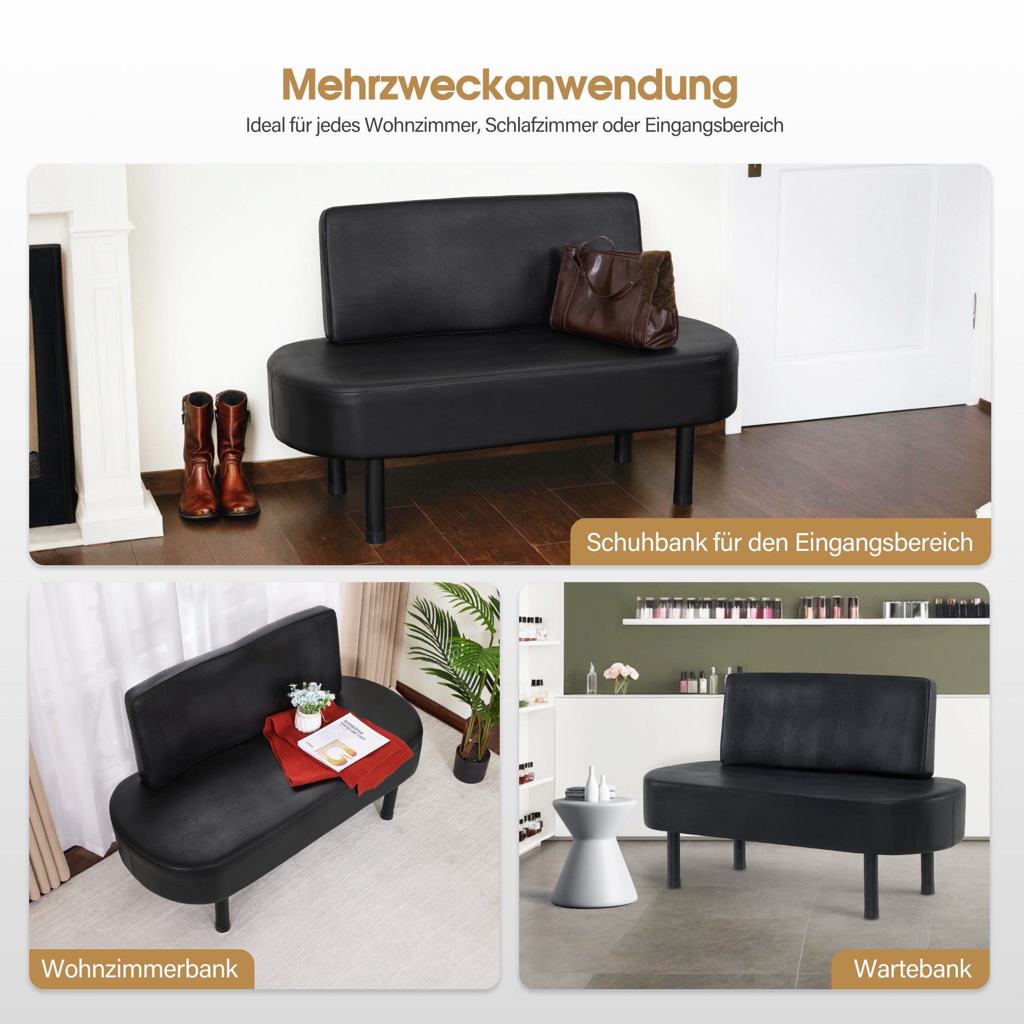 MCombo 3-seater bench with backrest, 130 cm waiting bench, upholstered bench with backrest, hallway bench black, living room bench, shoe bench W517 (black/faux leather)