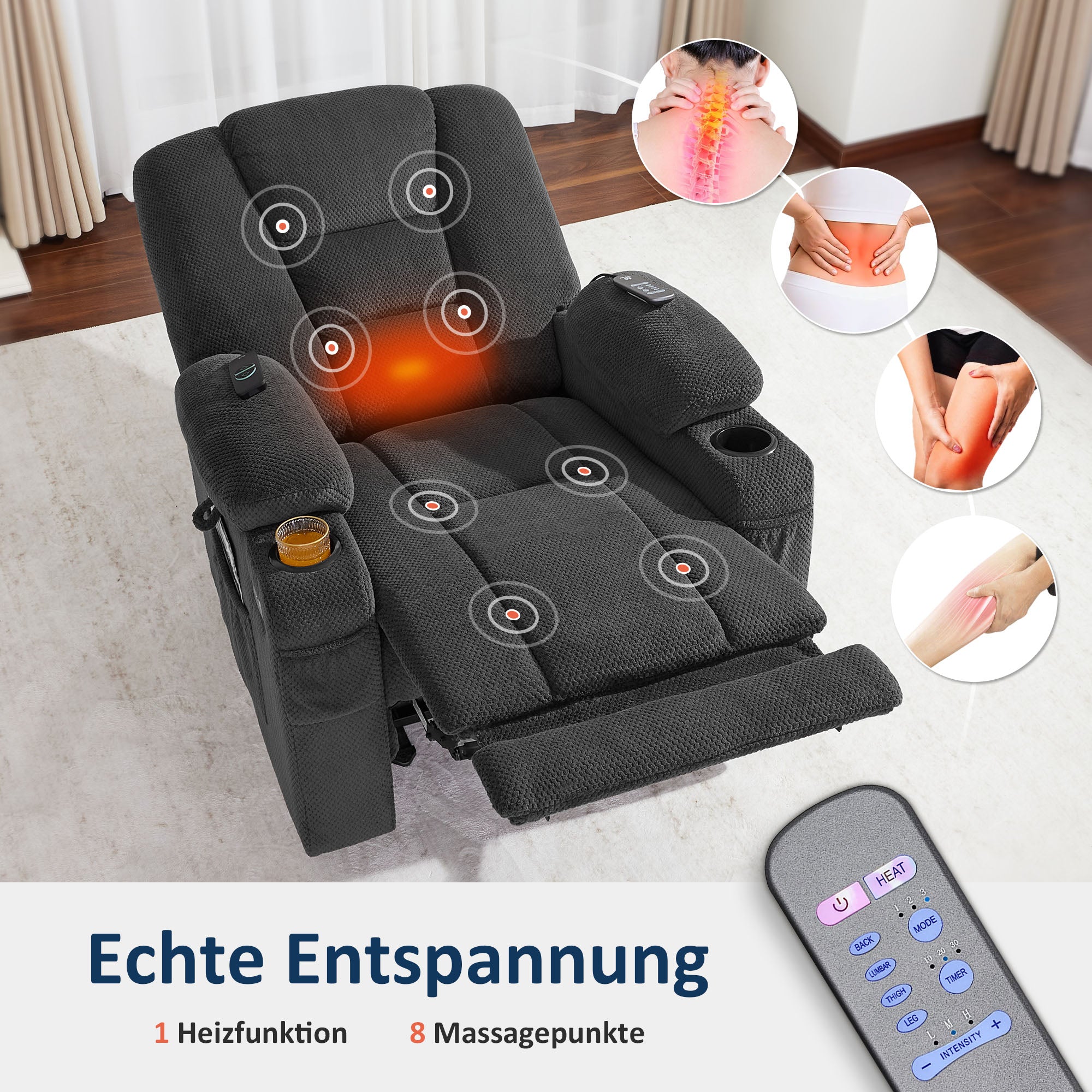 M MCombo TV armchair electrically adjustable 7008, relaxation armchair with reclining function, TV armchair with massage & heat function, USB & cup holder, living room