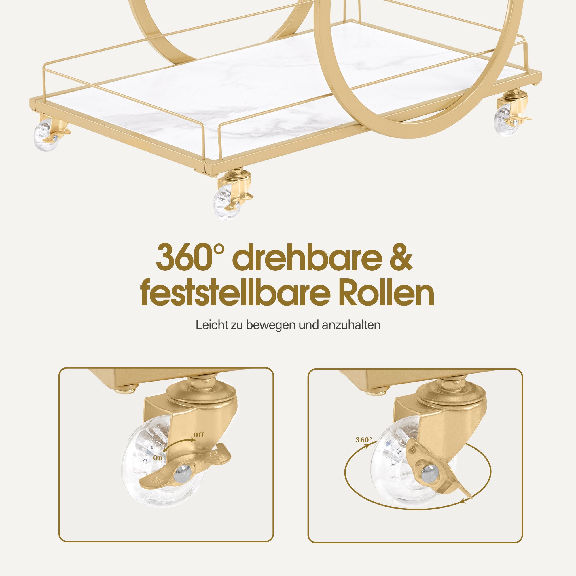 M MCombo Serving Cart with Wheels, Kitchen Cart Bar Cart Metal Frame White-Gold, Modern Rolling Cart Multi-Purpose Cart with 3 Levels, for Kitchen, Bathroom, Living Room, Studio, 65x43x70, 0074