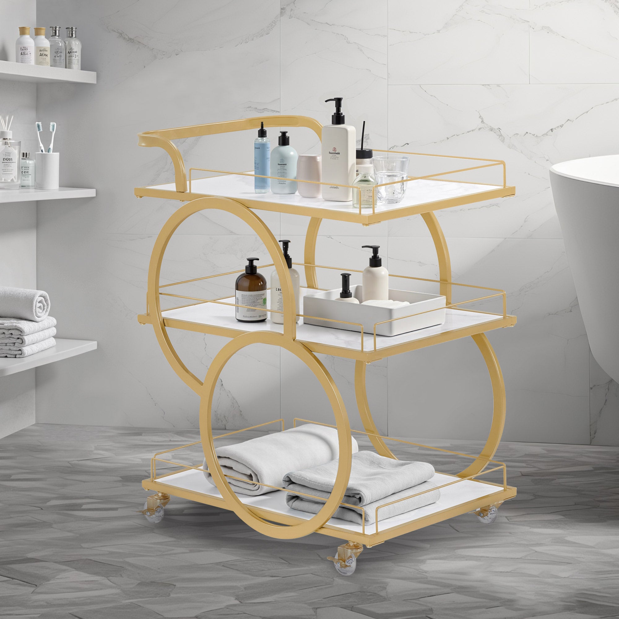 M MCombo Serving Cart with Wheels, Kitchen Cart Bar Cart Metal Frame White-Gold, Modern Rolling Cart Multi-Purpose Cart with 3 Levels, for Kitchen, Bathroom, Living Room, Studio, 65x43x70, 0074