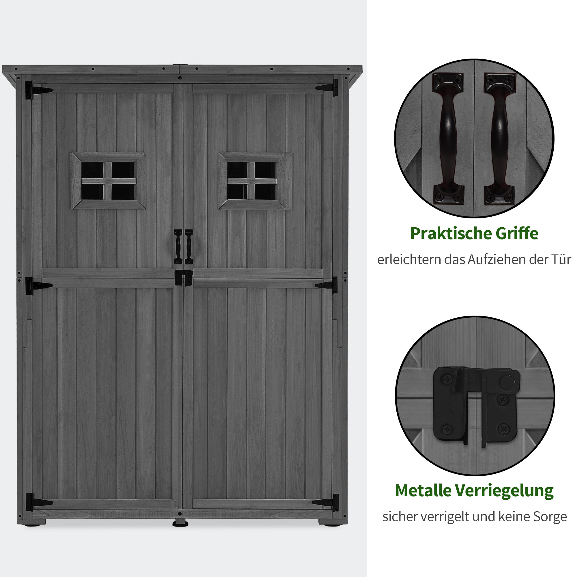 M MCombo Gartenschrank Holz, Gartenhaus Klein Wetterfest, Outdoor Gerätehaus Geräteschuppen, für Außenbereich Balkon Terrasse, 127×59×168 cm, 0912