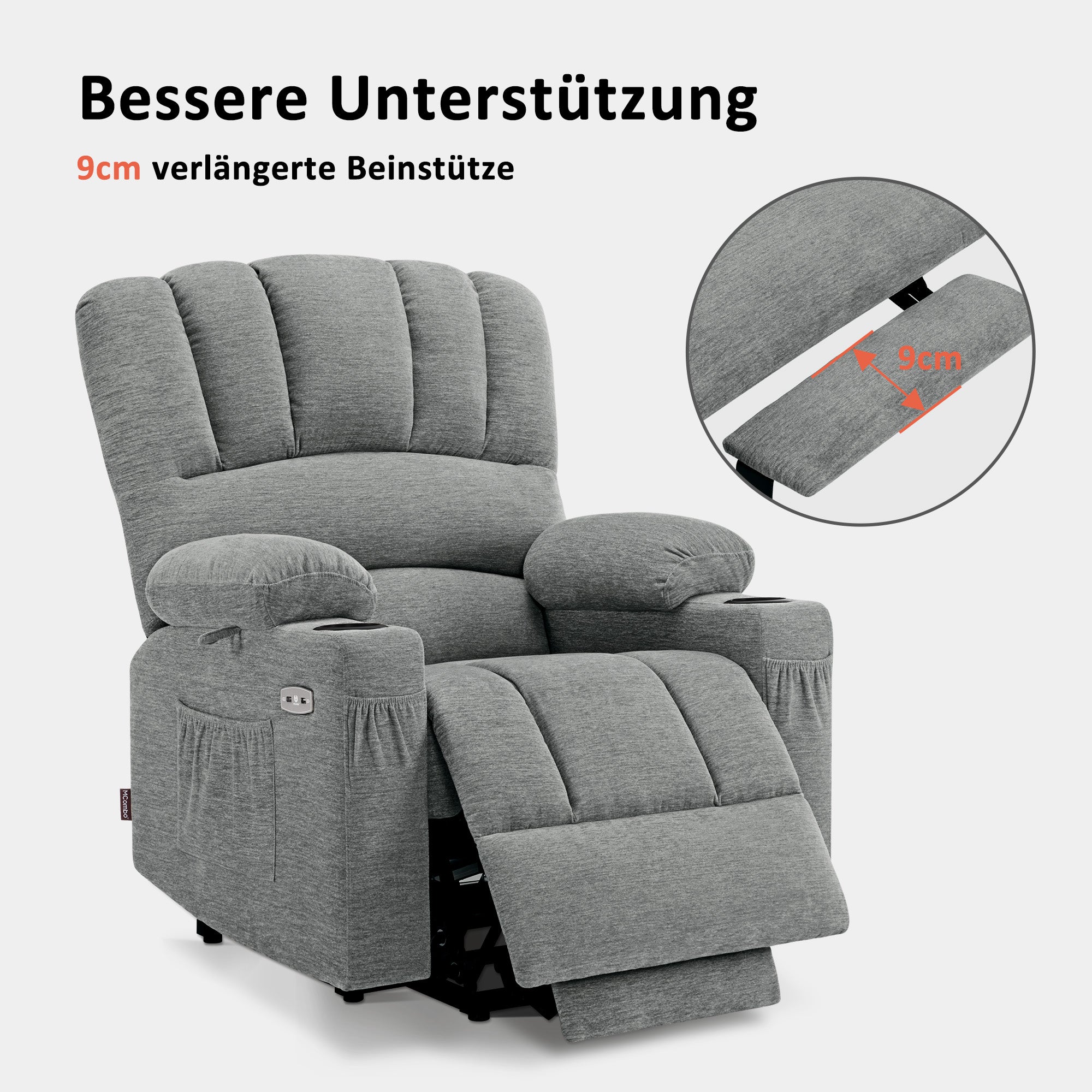M MCombo Relaxsessel mit Aufstehhilfe & Liegefunktion 7102, Fernsehsessel elektrisch verstellbar, TV Sessel mit Massage Wärmefunktion, für Senioren Wohnzimmer, USB