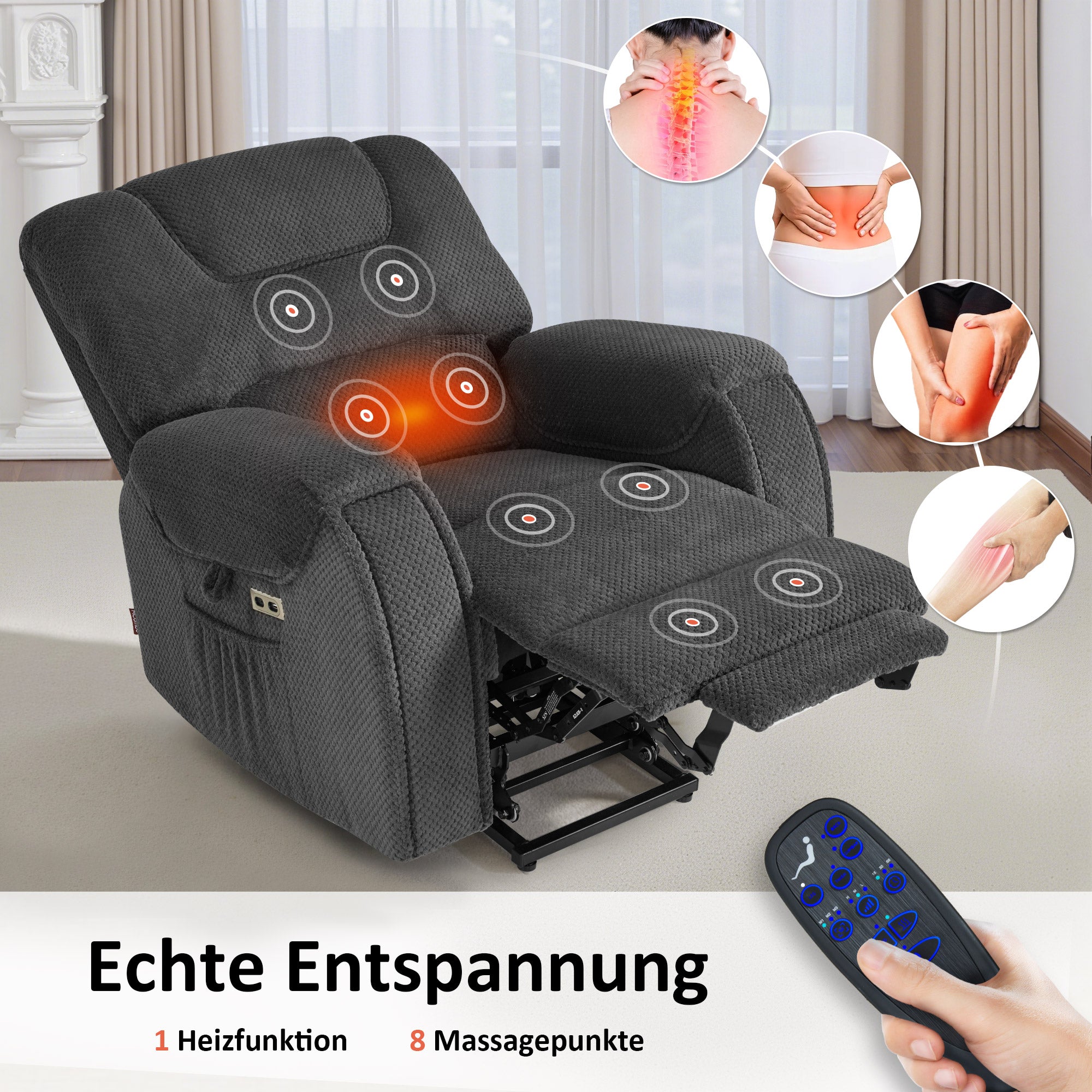 M MCombo Fernsehsessel mit Aufstehhilfe Elektrisch, mit Massage & Heizung, Relaxsessel mit Liegefunktion bis 145° 35D Vollschaum-Sitzkissen Versteckte Becherhalter 7252