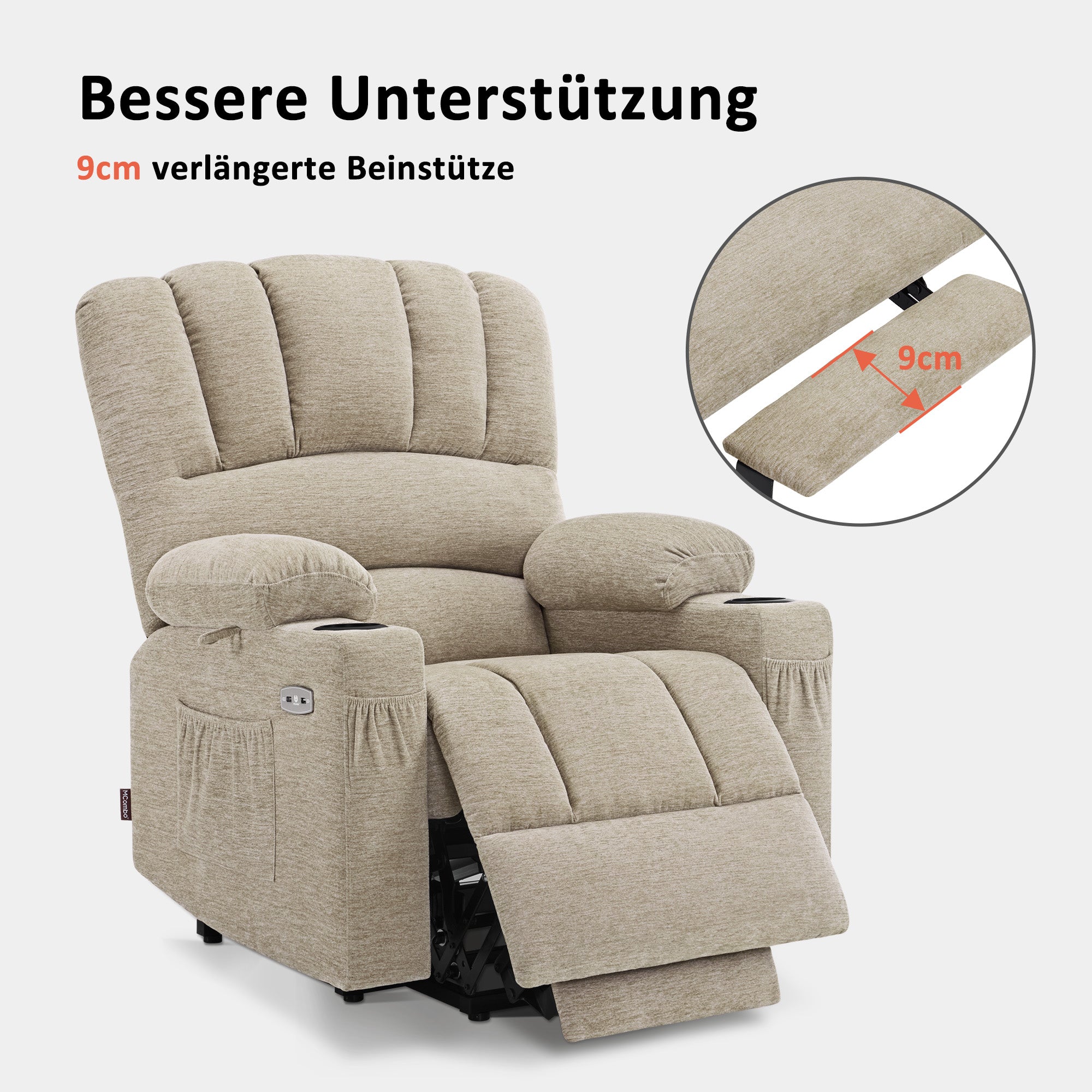 M MCombo Relaxsessel mit Aufstehhilfe & Liegefunktion 7102, Fernsehsessel elektrisch verstellbar, TV Sessel mit Massage Wärmefunktion, für Senioren Wohnzimmer, USB