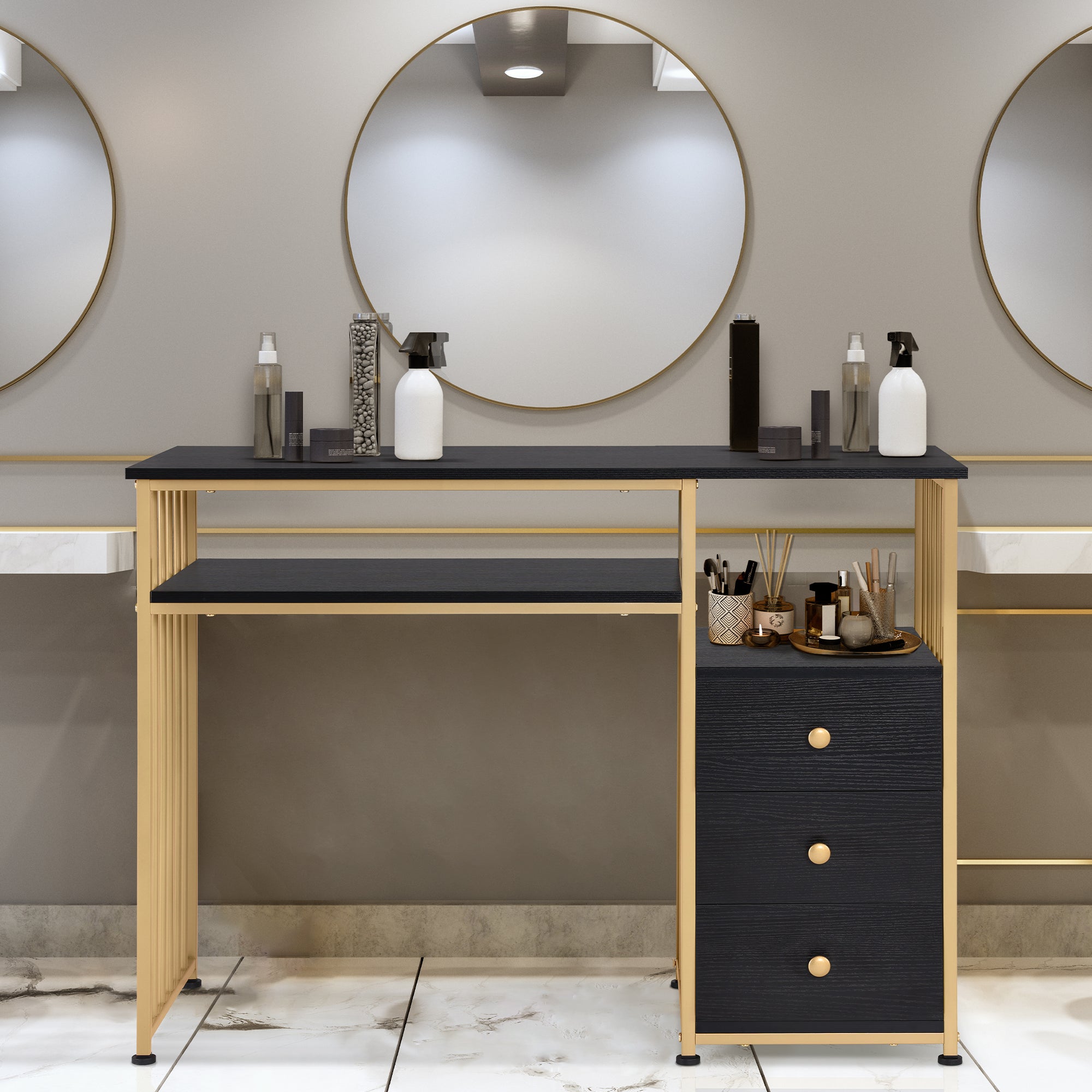 M MCombo Desk with Drawers, Dressing Table without Mirror, Wooden Nail Table with Metal Frame, Computer Desk for Living Room, Modern, 109 x 45.5 x 81cm, 2407