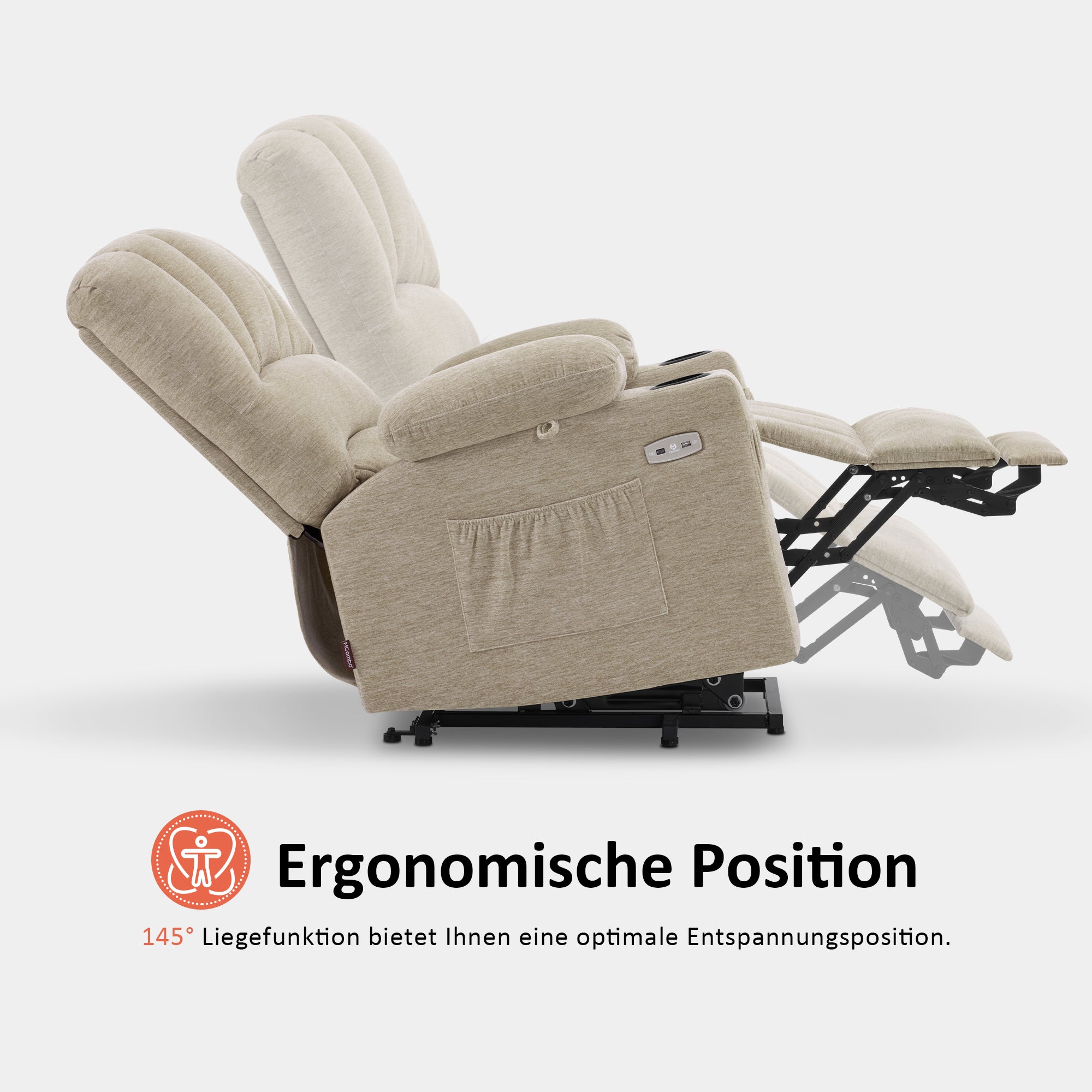 M MCombo Relaxsessel mit Aufstehhilfe & Liegefunktion 7102, Fernsehsessel elektrisch verstellbar, TV Sessel mit Massage Wärmefunktion, für Senioren Wohnzimmer, USB