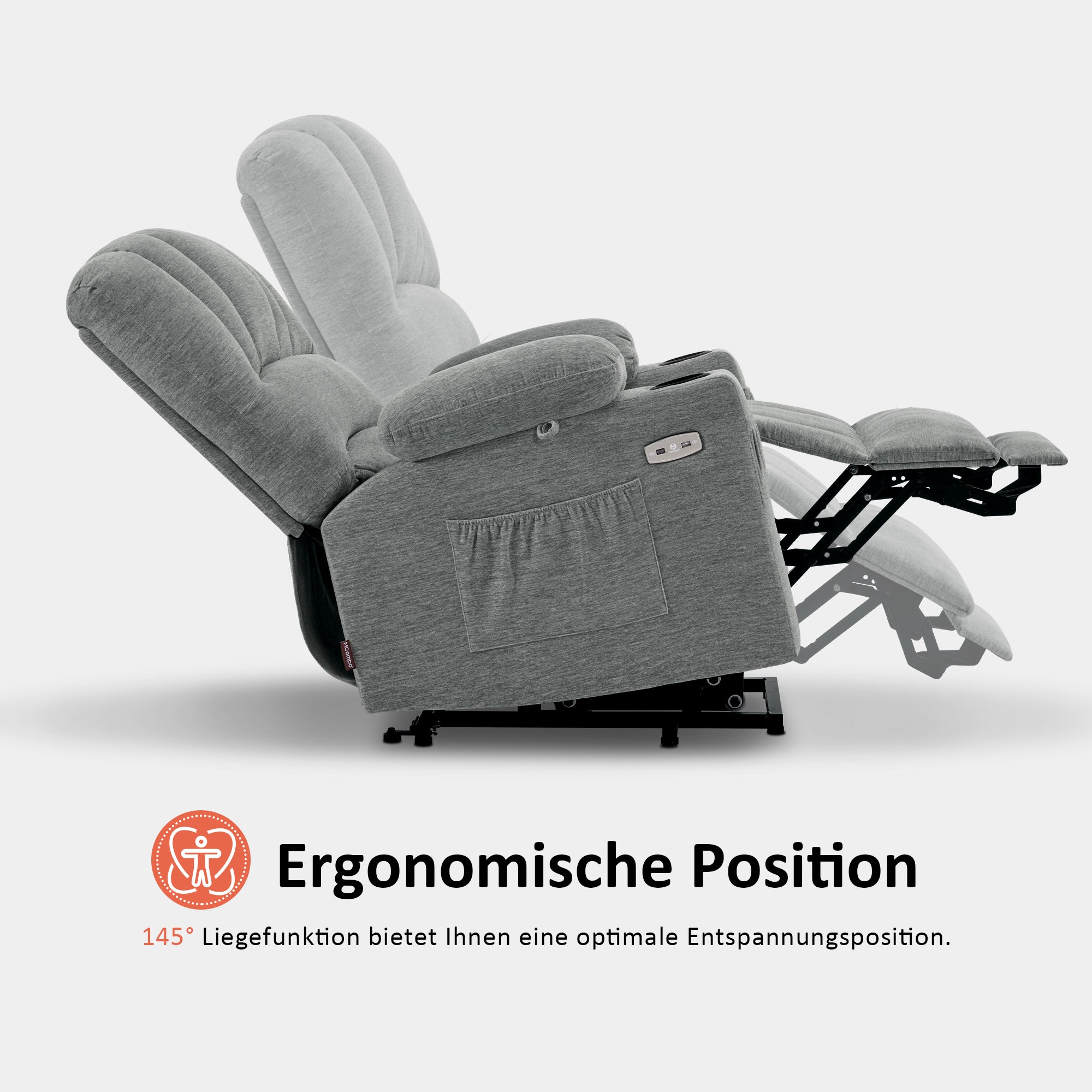 M MCombo Relaxsessel mit Aufstehhilfe & Liegefunktion 7102, Fernsehsessel elektrisch verstellbar, TV Sessel mit Massage Wärmefunktion, für Senioren Wohnzimmer, USB