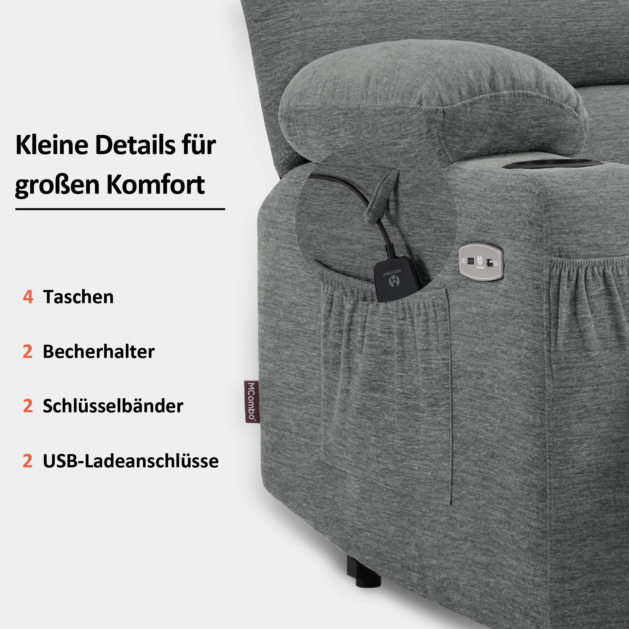 M MCombo Relaxsessel mit Aufstehhilfe & Liegefunktion 7102, Fernsehsessel elektrisch verstellbar, TV Sessel mit Massage Wärmefunktion, für Senioren Wohnzimmer, USB