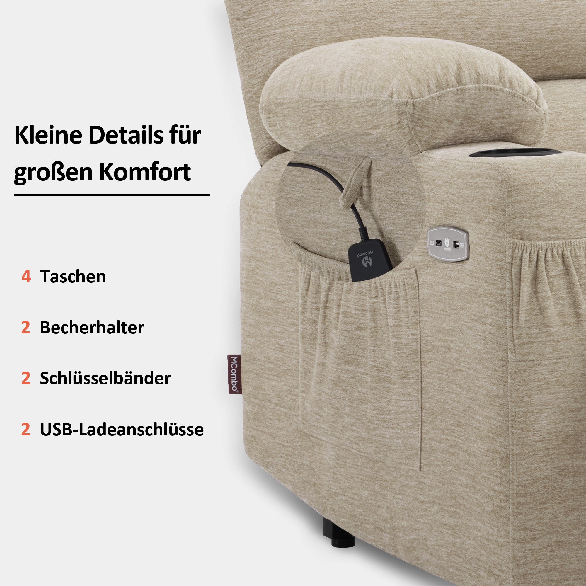 M MCombo Relaxsessel mit Aufstehhilfe & Liegefunktion 7102, Fernsehsessel elektrisch verstellbar, TV Sessel mit Massage Wärmefunktion, für Senioren Wohnzimmer, USB