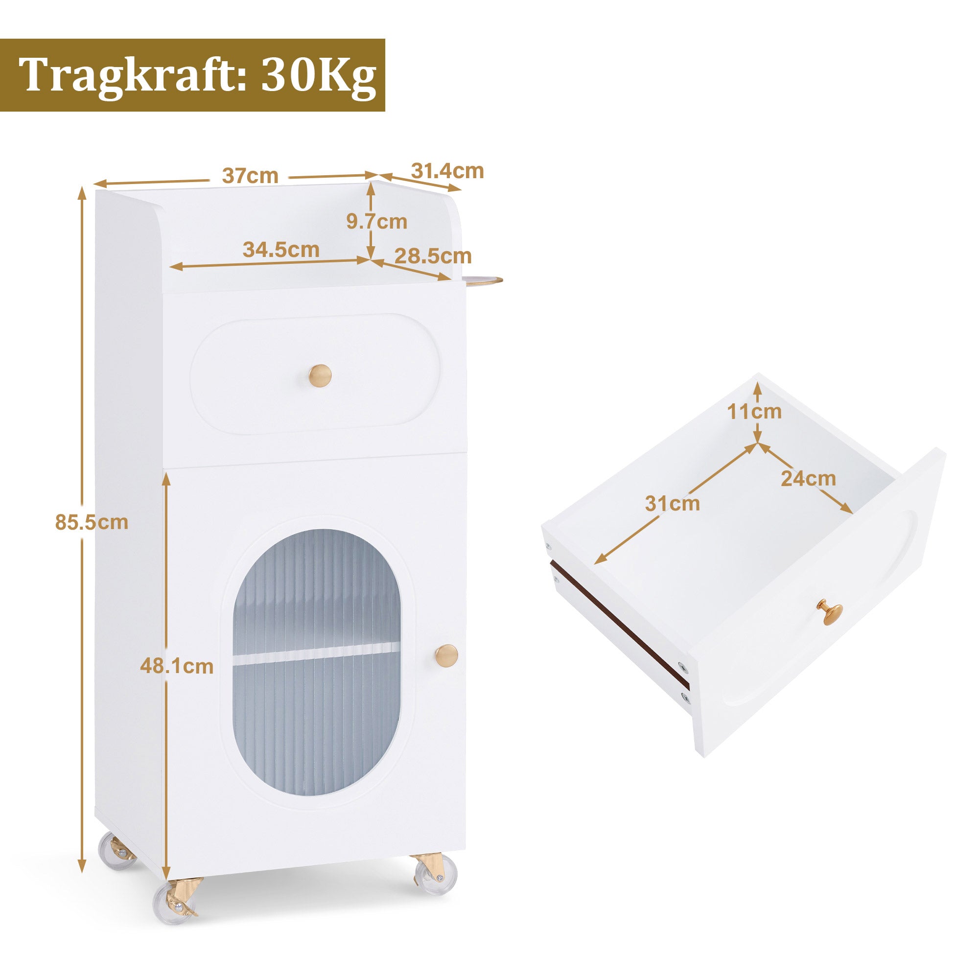 M MCombo Friseurwagen mit Rollen & Schubladen, Rollwagen Servierwagen Weiß, Salon Trolley mit 3 Ablagen & Föhnhalter, Moderner Arbeitswagen für Bad Wohnzimmer, 31,4x37x85,5 cm, 0051