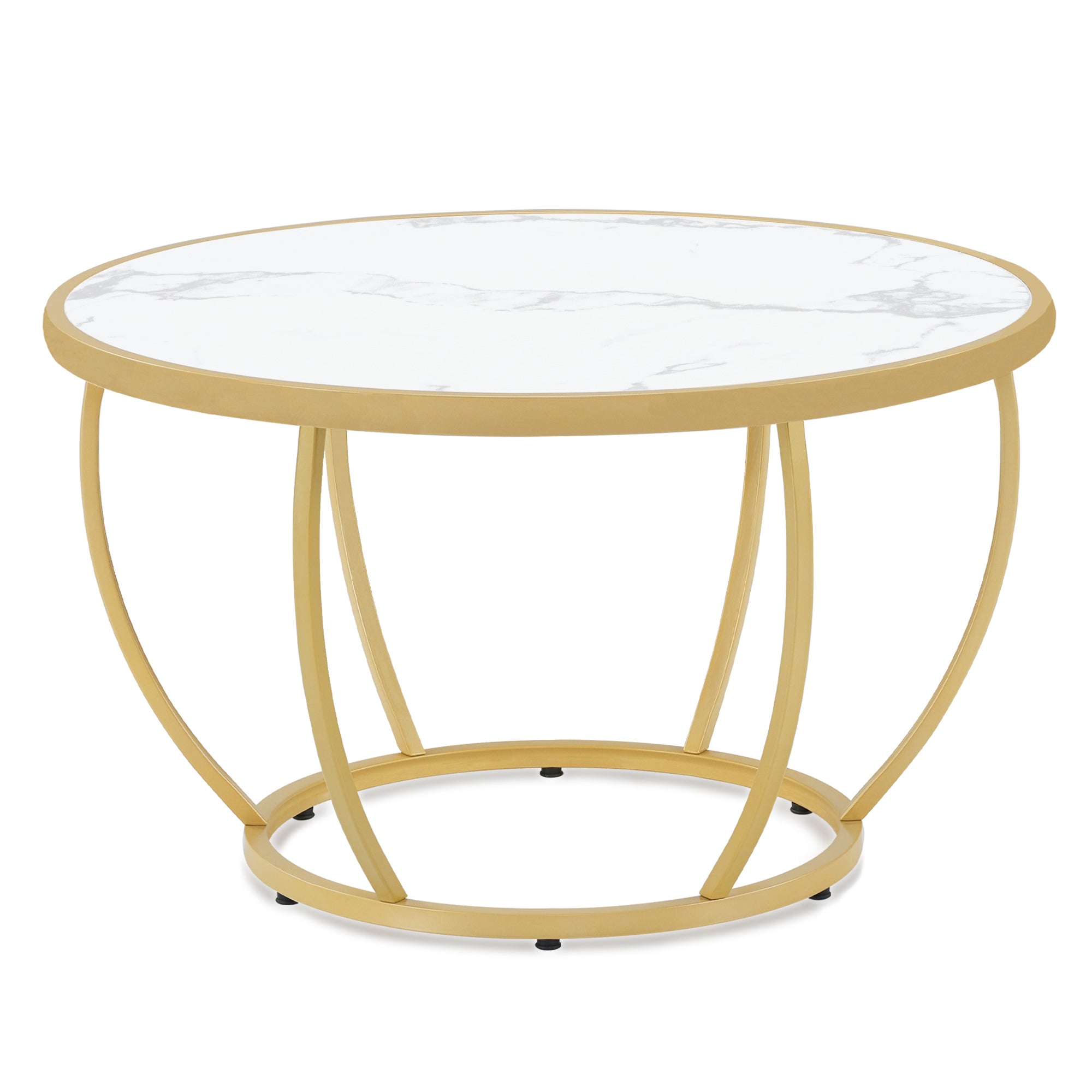 MCombo Round Wooden Coffee Table, Modern Sofa Table, Small Metal Side Table, Coffee Table for Living Room, Beauty Salon, Living Room Table Marble-White Gold, 80 x 80 x 46.5 cm, 2185