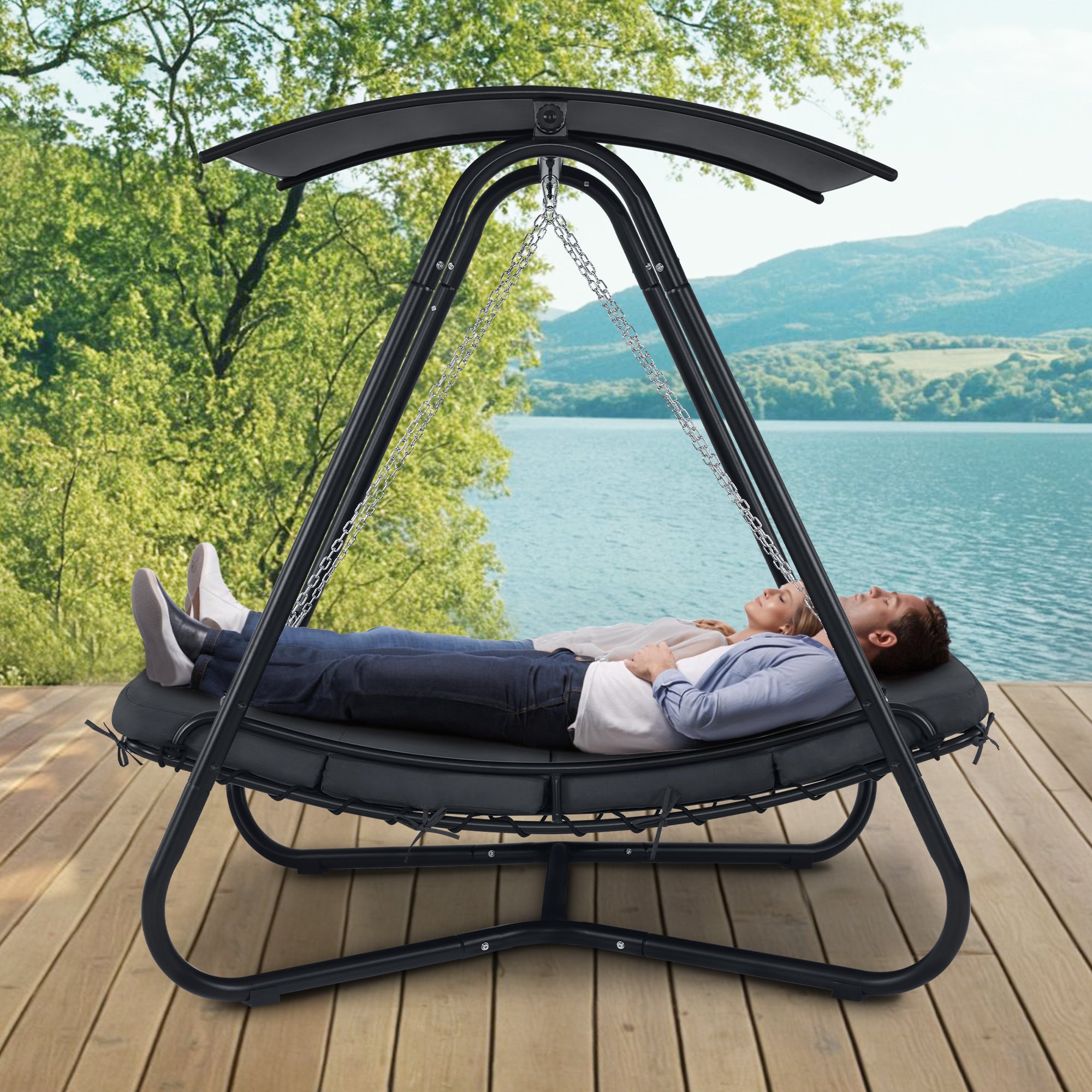 M MCombo Hollywoodschaukel mit Liegefunktion, Schaukelliege Outdoor, Gartenliege Wetterfest, Gartenschaukel mit Sonnendach & Extradickem Sitzkissen, Sonnenliege 167x155x173 cm, 8012 (grau)