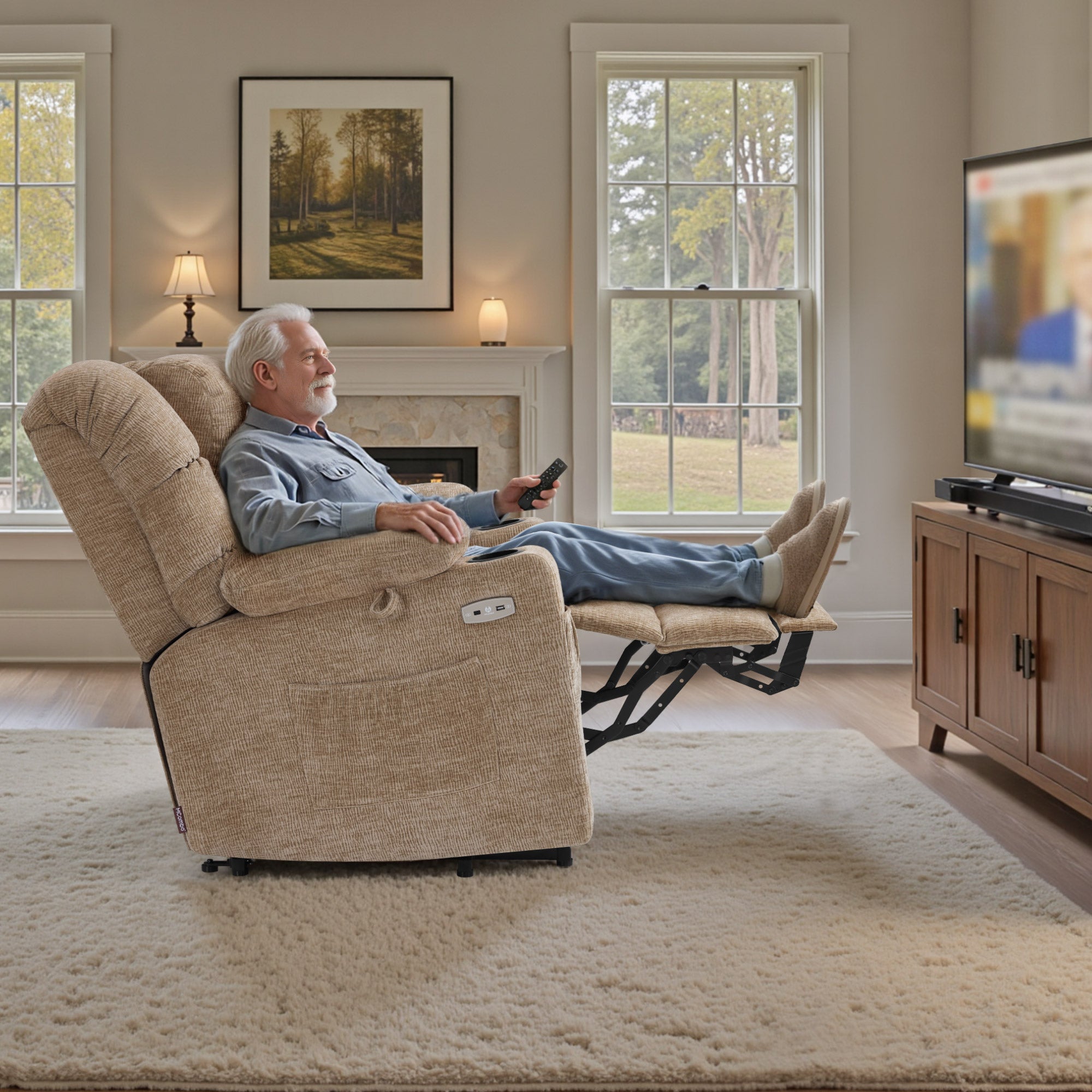 Fauteuil inclinable électrique M MCombo 7550, avec 3 moteurs réglables séparément, position inclinable jusqu'à 170°, repose-pieds allongé, USB, pour salon seniors