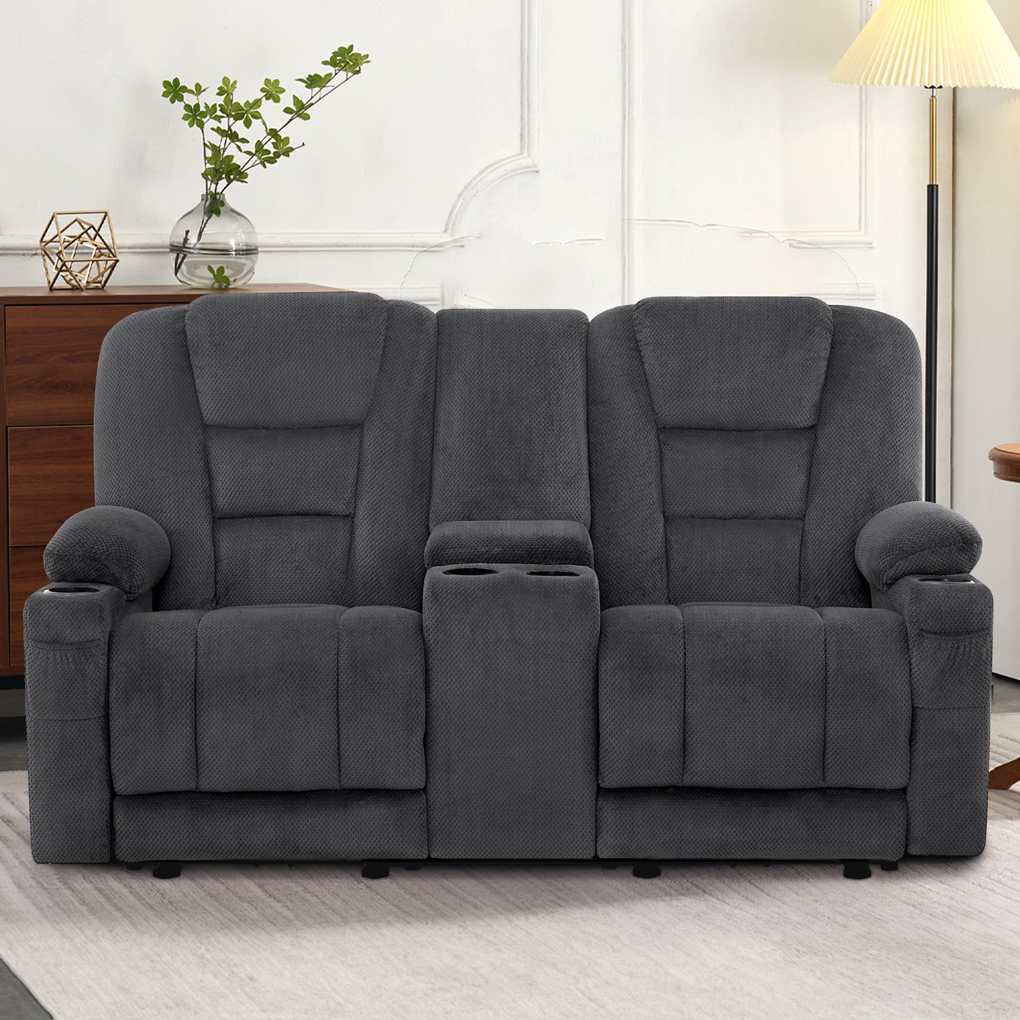 M MCombo Electric Sofa with Sleeping Function, 2/3 Seater Reclining Sofa with Button, 150° Adjustable, Cinema Chair with Reclining Function, USB & Cup Holder, 7009 (Grey)