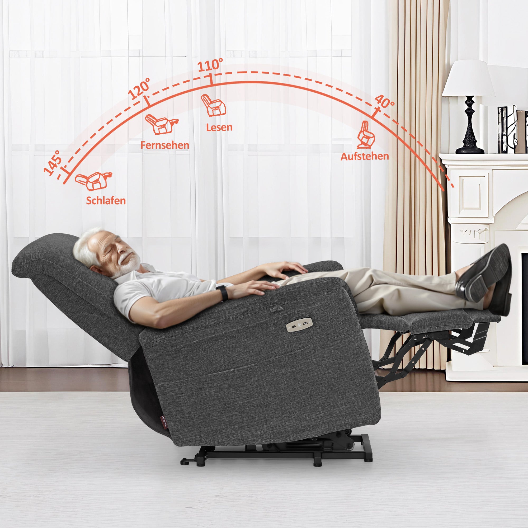 M MCombo Fernsehsessel mit Aufstehhilfe Elektrisch, Sessel mit Aufstehhilfe, Relaxsessel mit Liegefunktion bis 145°35D Vollschaum-Sitzkissen 7117 (Chenille, Grau)