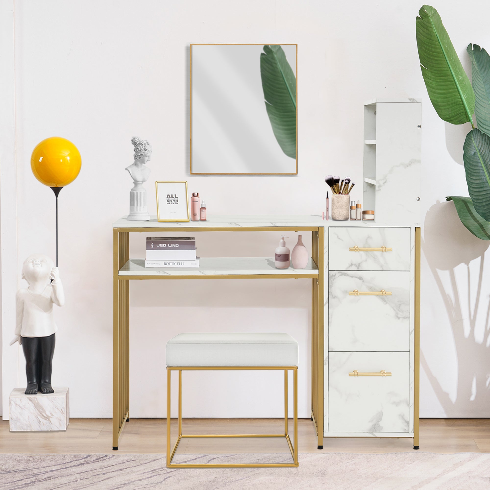 M MCombo desk with 3 drawers, wooden nail table with metal frame, manicure table, dressing table without mirror, modern computer table with shelf for the living room, 43 x 108 x 125 cm, 2420