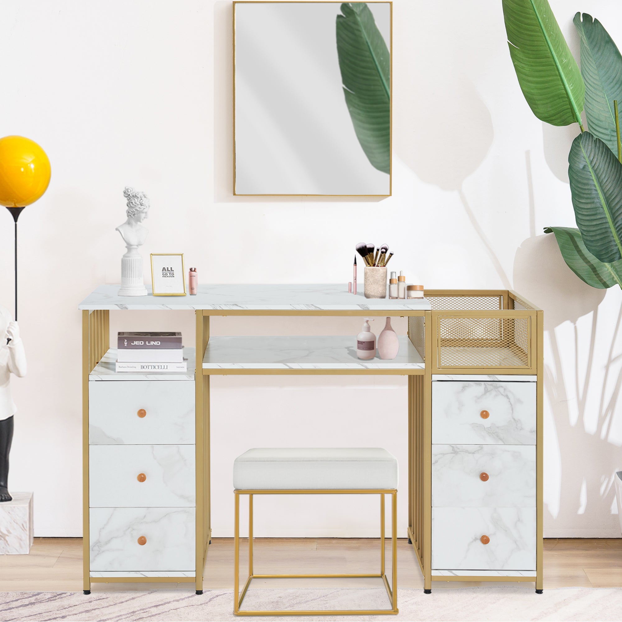 M MCombo Desk with 6 Drawers, Wooden Nail Table with Metal Frame, Manicure Table, Dressing Table without Mirror Modern, Computer Desk with Shelves Living Room, 46x125x81cm, 2425