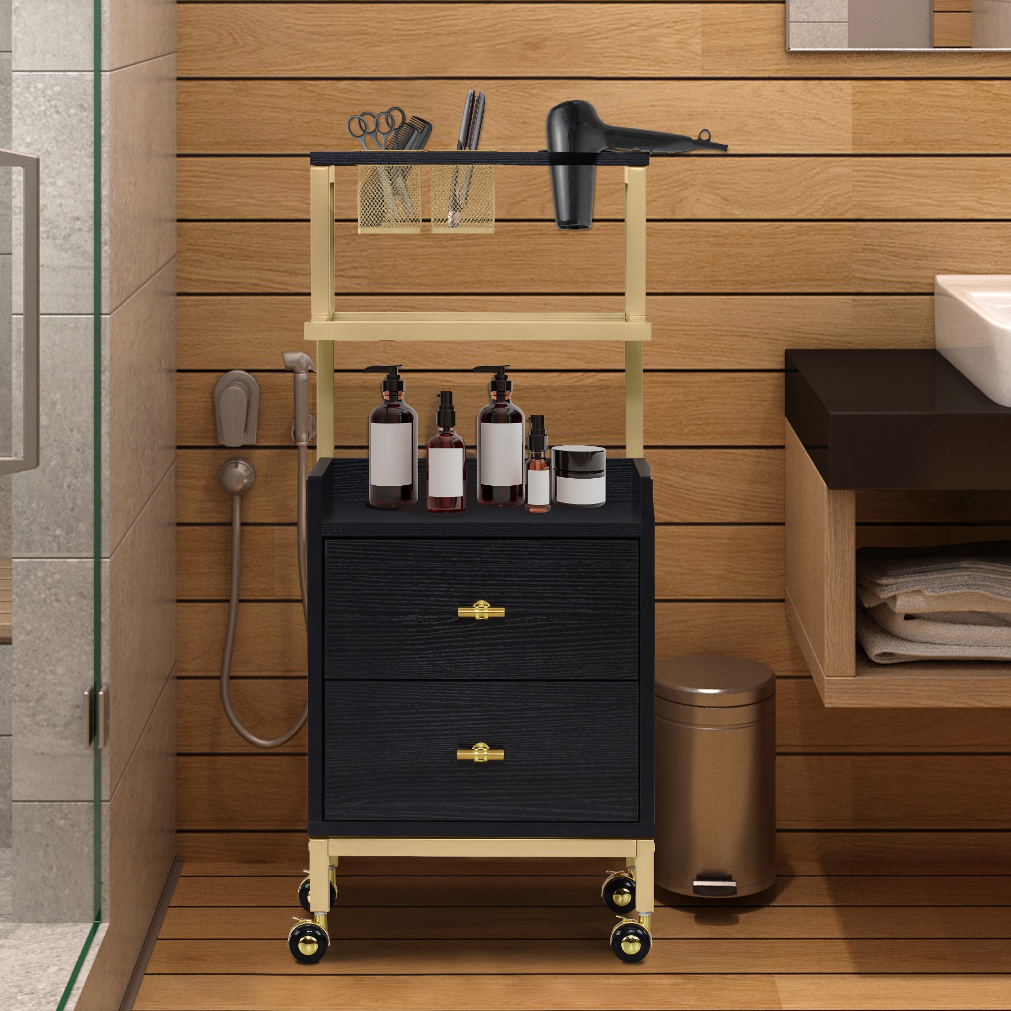 M MCombo trolley with wheels & 2 drawers, serving trolley, with 2 shelves, modern work trolley for bathroom and living room, 32 x 37 x 87 cm, 0029