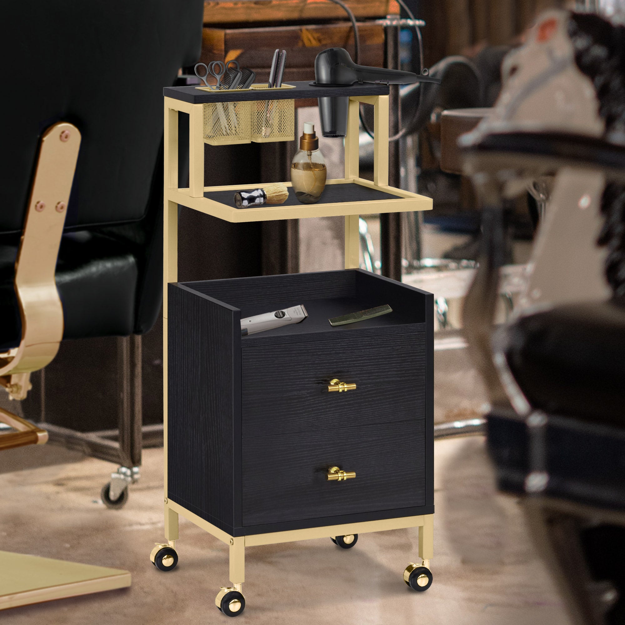 M MCombo trolley with wheels & 2 drawers, serving trolley, with 2 shelves, modern work trolley for bathroom and living room, 32 x 37 x 87 cm, 0029