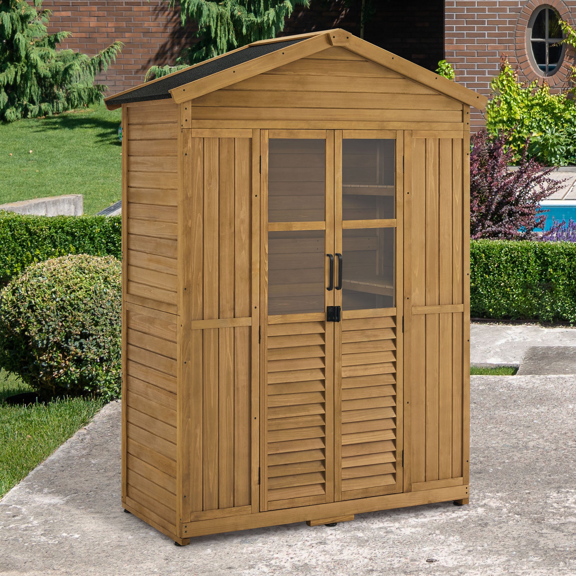 M MCombo Gartenschrank Gartenhaus Holz Wetterfest, Geräteschrank Holzschrank Outdoor Wasserdicht Begehbar, für Außenbereich Balkon Terrasse, Gerätehaus mit 6 feste Regale 74×143×200 cm, 1743 (Natur)