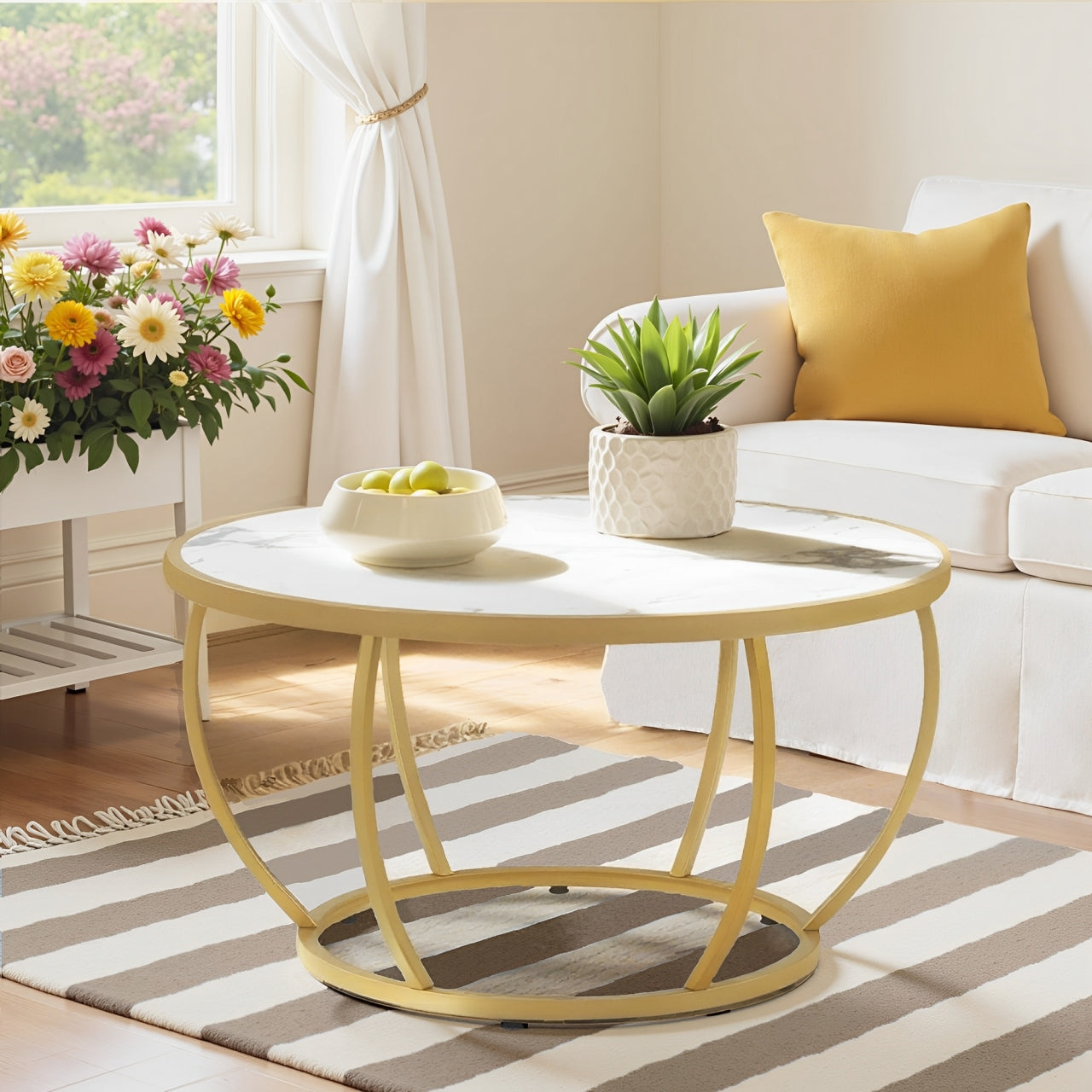 MCombo Round Wooden Coffee Table, Modern Sofa Table, Small Metal Side Table, Coffee Table for Living Room, Beauty Salon, Living Room Table Marble-White Gold, 80 x 80 x 46.5 cm, 2185