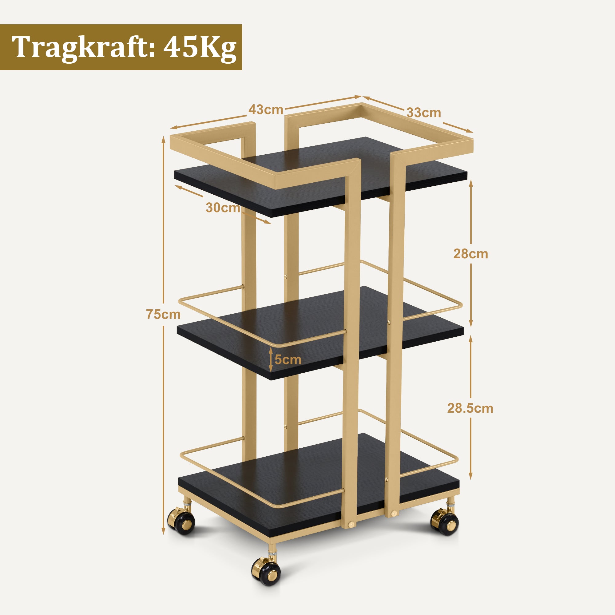 M MCombo Servierwagen mit Rollen, Küchenwagen Barwagen Metallgestell, Moderne Rollwagen Mehrzweckwagen mit 3 Ebenen, für Küche Bad Wohnzimmer Büro, 33*43*75cm, 0033